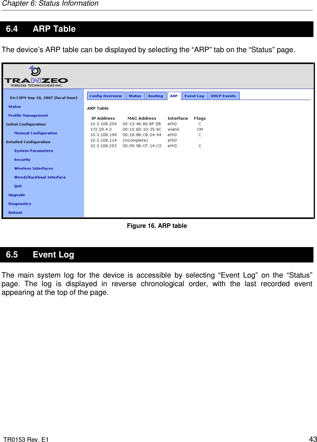 Chapter 6: Status Information  TR0153 Rev. E1    43 6.4  ARP Table The device’s ARP table can be displayed by selecting the “ARP” tab on the “Status” page.   Figure 16. ARP table 6.5  Event Log The  main  system  log  for  the  device  is  accessible  by  selecting  “Event  Log”  on  the  “Status” page.  The  log  is  displayed  in  reverse  chronological  order,  with  the  last  recorded  event appearing at the top of the page.  