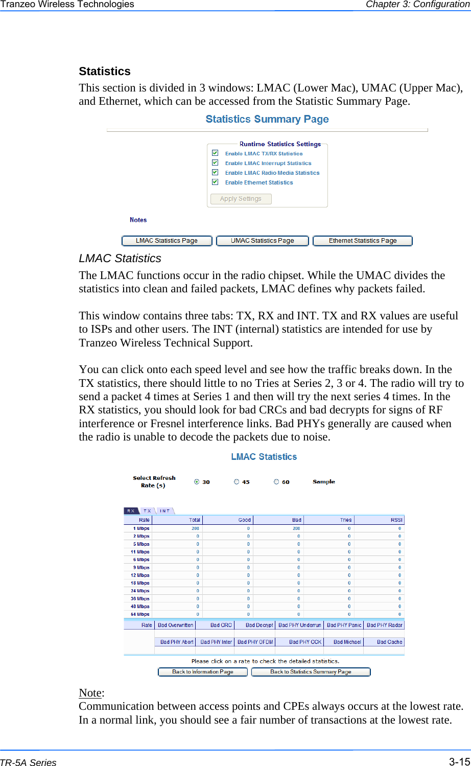  151515 This document is intended for Public Distribution                         19473 Fraser Way, Pitt Meadows, B.C. Canada V3Y  2V4 Chapter 3: Configuration 3-15 TR-5A Series Tranzeo Wireless Technologies Statistics This section is divided in 3 windows: LMAC (Lower Mac), UMAC (Upper Mac), and Ethernet, which can be accessed from the Statistic Summary Page.      LMAC Statistics The LMAC functions occur in the radio chipset. While the UMAC divides the statistics into clean and failed packets, LMAC defines why packets failed.   This window contains three tabs: TX, RX and INT. TX and RX values are useful to ISPs and other users. The INT (internal) statistics are intended for use by Tranzeo Wireless Technical Support.  You can click onto each speed level and see how the traffic breaks down. In the TX statistics, there should little to no Tries at Series 2, 3 or 4. The radio will try to send a packet 4 times at Series 1 and then will try the next series 4 times. In the RX statistics, you should look for bad CRCs and bad decrypts for signs of RF interference or Fresnel interference links. Bad PHYs generally are caused when the radio is unable to decode the packets due to noise.                   Note:  Communication between access points and CPEs always occurs at the lowest rate. In a normal link, you should see a fair number of transactions at the lowest rate. 