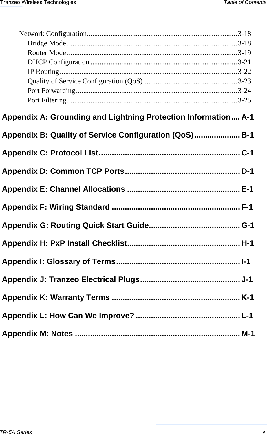  vivivi This document is intended for Public Distribution                         19473 Fraser Way, Pitt Meadows, B.C. Canada V3Y  2V4 Table of Contents  vi TR-5A Series Tranzeo Wireless Technologies Network Configuration ................................................................................... 3-18 Bridge Mode .............................................................................................. 3-18 Router Mode .............................................................................................. 3-19 DHCP Configuration ................................................................................. 3-21 IP Routing .................................................................................................. 3-22 Quality of Service Configuration (QoS) .................................................... 3-23 Port Forwarding ......................................................................................... 3-24 Port Filtering .............................................................................................. 3-25 Appendix A: Grounding and Lightning Protection Information .... A-1 Appendix B: Quality of Service Configuration (QoS) ..................... B-1 Appendix C: Protocol List ................................................................. C-1 Appendix D: Common TCP Ports ..................................................... D-1 Appendix E: Channel Allocations .................................................... E-1 Appendix F: Wiring Standard ........................................................... F-1 Appendix G: Routing Quick Start Guide .......................................... G-1 Appendix H: PxP Install Checklist .................................................... H-1 Appendix I: Glossary of Terms ......................................................... I-1 Appendix J: Tranzeo Electrical Plugs .............................................. J-1 Appendix K: Warranty Terms ........................................................... K-1 Appendix L: How Can We Improve? ................................................ L-1 Appendix M: Notes ............................................................................ M-1    