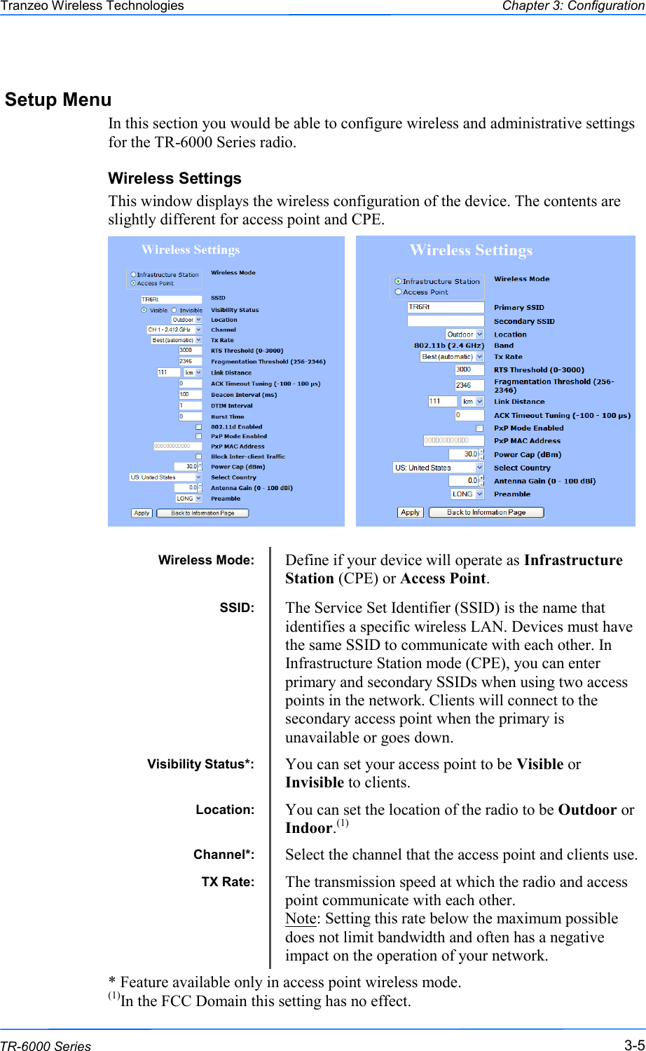  555 This document is intended for Public Distribution                         19473 Fraser Way, Pitt Meadows, B.C. Canada V3Y  2V4 Chapter 3: Configuration 3-5 TR-6000 Series Tranzeo Wireless Technologies Setup Menu In this section you would be able to configure wireless and administrative settings for the TR-6000 Series radio. Wireless Settings This window displays the wireless configuration of the device. The contents are slightly different for access point and CPE.                    * Feature available only in access point wireless mode. (1)In the FCC Domain this setting has no effect. Wireless Mode:  Define if your device will operate as Infrastructure Station (CPE) or Access Point. SSID:  The Service Set Identifier (SSID) is the name that identifies a specific wireless LAN. Devices must have the same SSID to communicate with each other. In Infrastructure Station mode (CPE), you can enter primary and secondary SSIDs when using two access points in the network. Clients will connect to the secondary access point when the primary is unavailable or goes down. Visibility Status*:  You can set your access point to be Visible or Invisible to clients. Location:  You can set the location of the radio to be Outdoor or Indoor.(1) Channel*:  Select the channel that the access point and clients use. TX Rate:  The transmission speed at which the radio and access point communicate with each other.  Note: Setting this rate below the maximum possible does not limit bandwidth and often has a negative impact on the operation of your network. 