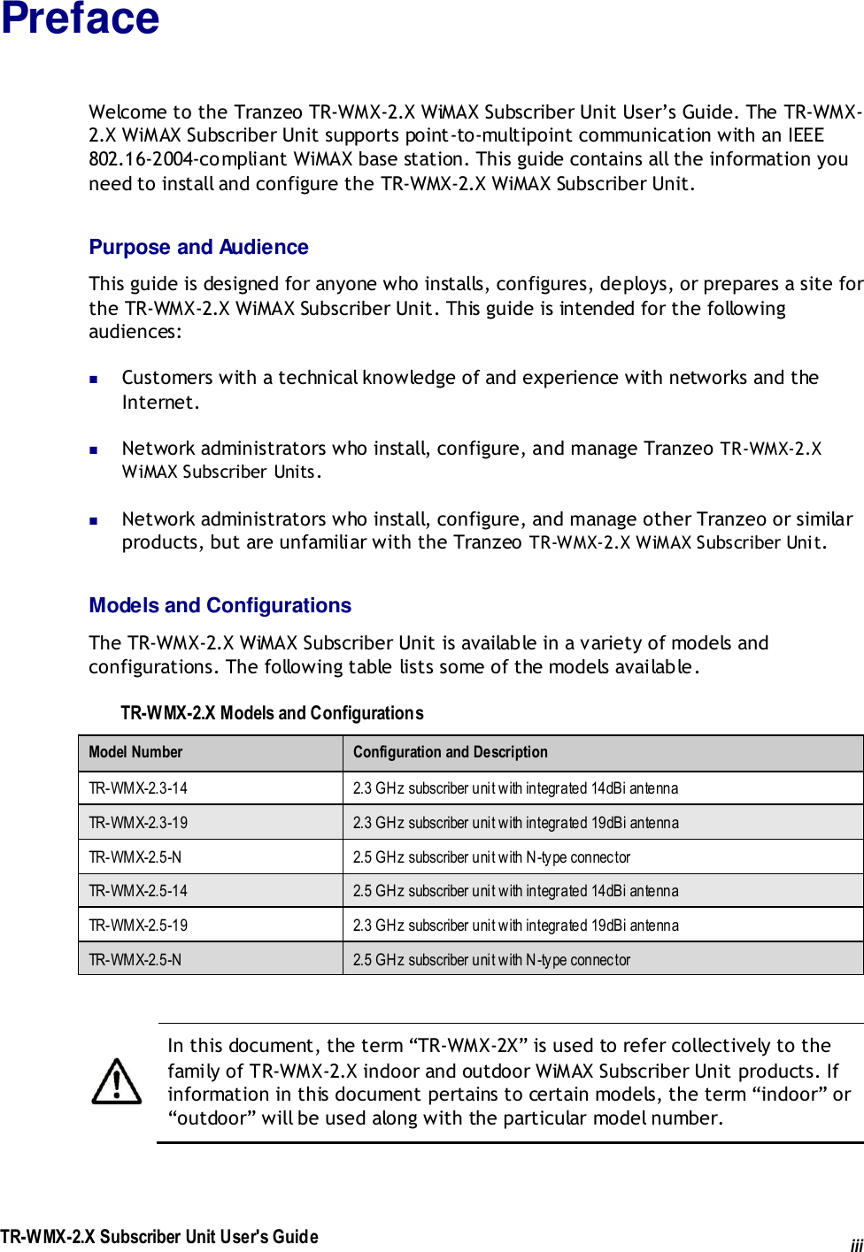 TR-WMX-2.X Subscriber Unit User&apos;s Guide iii Preface Welcome to the Tranzeo TR-WMX-2.X WiMAX Subscriber Unit User’s Guide. The TR-WMX-2.X WiMAX Subscriber Unit supports point-to-multipoint communication with an IEEE 802.16-2004-compliant WiMAX base station. This guide contains all the information you need to install and configure the TR-WMX-2.X WiMAX Subscriber Unit. Purpose and Audience This guide is designed for anyone who installs, configures, deploys, or prepares a site for the TR-WMX-2.X WiMAX Subscriber Unit. This guide is intended for the following audiences:  Customers with a technical knowledge of and experience with networks and the Internet.  Network administrators who install, configure, and manage Tranzeo TR-WMX-2.X WiMAX Subscriber Units.  Network administrators who install, configure, and manage other Tranzeo or similar products, but are unfamiliar with the Tranzeo TR-WMX-2.X WiMAX Subscriber Unit. Models and Configurations The TR-WMX-2.X WiMAX Subscriber Unit is available in a variety of models and configurations. The following table lists some of the models available. TR-WMX-2.X Models and Configurations Model Number Configuration and Description TR-WMX-2.3-14 2.3 GHz subscriber unit with integrated 14dBi antenna TR-WMX-2.3-19 2.3 GHz subscriber unit with integrated 19dBi antenna TR-WMX-2.5-N 2.5 GHz subscriber unit with N-type connector TR-WMX-2.5-14 2.5 GHz subscriber unit with integrated 14dBi antenna TR-WMX-2.5-19 2.3 GHz subscriber unit with integrated 19dBi antenna TR-WMX-2.5-N 2.5 GHz subscriber unit with N-type connector   In this document, the term “TR-WMX-2X” is used to refer collectively to the family of TR-WMX-2.X indoor and outdoor WiMAX Subscriber Unit products. If information in this document pertains to certain models, the term “indoor” or “outdoor” will be used along with the particular model number.   