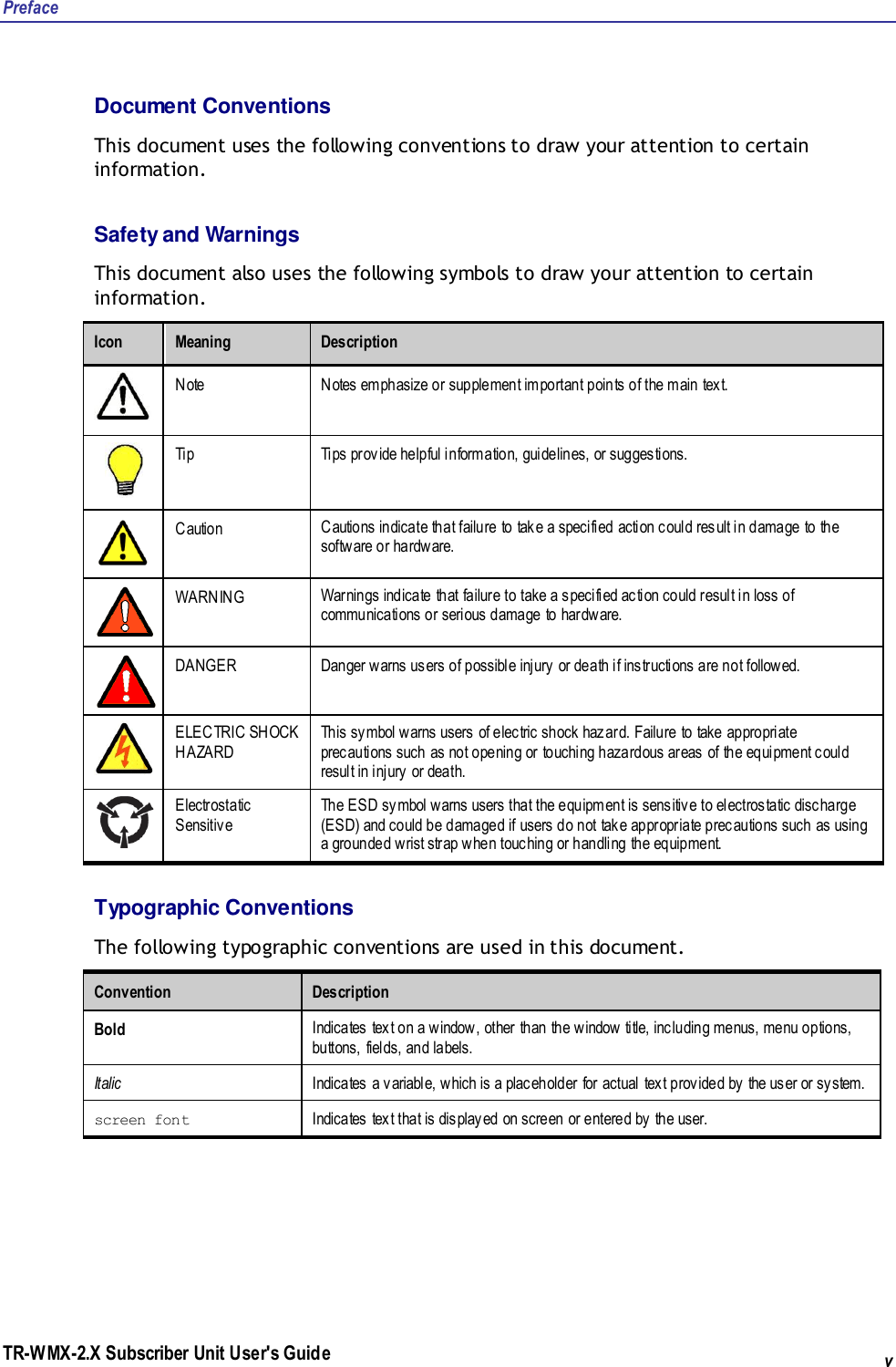 Preface TR-WMX-2.X Subscriber Unit User&apos;s Guide v Document Conventions This document uses the following conventions to draw your attention to certain information. Safety and Warnings This document also uses the following symbols to draw your attention to certain information. Icon Meaning Description  Note Notes emphasize or supplement important points of the main text.  Tip Tips provide helpful information, guidelines, or suggestions.   Caution Cautions indicate that failure to take a specified action could result in damage to the software or hardware.  WARNING Warnings indicate that failure to take a specified action could result in loss of communications or serious damage to hardware.   DANGER Danger warns users of possible injury or death if instructions are not followed.   ELECTRIC SHOCK HAZARD This symbol warns users of electric shock hazard. Failure to take appropriate precautions such as not opening or touching hazardous areas of the equipment could result in injury or death.  Electrostatic Sensitive The ESD symbol warns users that the equipment is sensitive to electrostatic discharge (ESD) and could be damaged if users do not take appropriate precautions such as using a grounded wrist strap when touching or handling the equipment.  Typographic Conventions The following typographic conventions are used in this document. Convention Description Bold Indicates text on a window, other than the window title, including menus, menu options, buttons, fields, and labels.  Italic Indicates a variable, which is a placeholder for actual text provided by the user or system. screen fon t  Indicates text that is displayed on screen or entered by the user.   