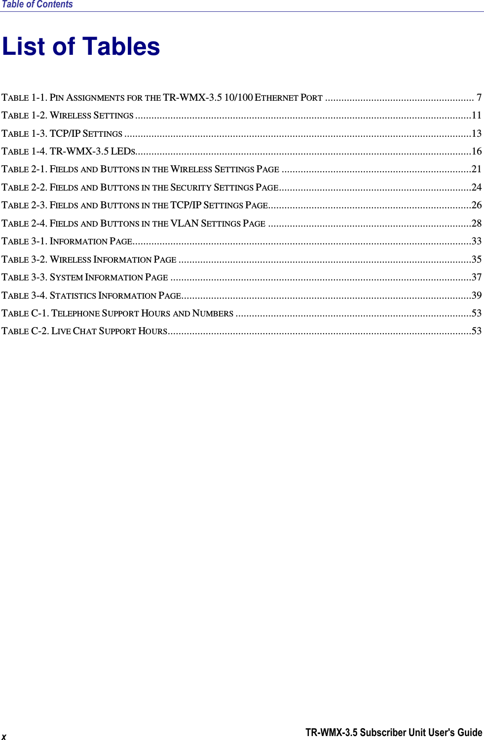 Table of Contents TR-WMX-3.5 Subscriber Unit User&apos;s Guide x List of Tables TABLE  1-1. PIN ASSIGNMENTS FOR THE TR-WMX-3.5 10/100 ETHERNET PORT ....................................................... 7 TABLE  1-2. WIRELESS SETTINGS ............................................................................................................................11 TABLE  1-3. TCP/IP SETTINGS ................................................................................................................................13 TABLE  1-4. TR-WMX-3.5 LEDS............................................................................................................................16 TABLE  2-1. FIELDS AND BUTTONS IN THE WIRELESS SETTINGS PAGE ......................................................................21 TABLE  2-2. FIELDS AND BUTTONS IN THE SECURITY SETTINGS PAGE.......................................................................24 TABLE  2-3. FIELDS AND BUTTONS IN THE TCP/IP SETTINGS PAGE...........................................................................26 TABLE  2-4. FIELDS AND BUTTONS IN THE VLAN SETTINGS PAGE ...........................................................................28 TABLE  3-1. INFORMATION PAGE.............................................................................................................................33 TABLE  3-2. WIRELESS INFORMATION PAGE ............................................................................................................35 TABLE  3-3. SYSTEM INFORMATION PAGE ...............................................................................................................37 TABLE  3-4. STATISTICS INFORMATION PAGE...........................................................................................................39 TABLE  C-1. TELEPHONE SUPPORT HOURS AND NUMBERS .......................................................................................53 TABLE  C-2. LIVE CHAT SUPPORT HOURS................................................................................................................53  