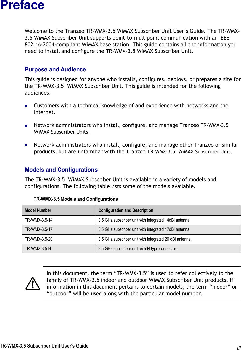 TR-WMX-3.5 Subscriber Unit User&apos;s Guide iii Preface Welcome to the Tranzeo TR-WMX-3.5 WiMAX Subscriber Unit User’s Guide. The TR-WMX-3.5 WiMAX Subscriber Unit supports point-to-multipoint communication with an IEEE 802.16-2004-compliant WiMAX base station. This guide contains all the information you need to install and configure the TR-WMX-3.5 WiMAX Subscriber Unit. Purpose and Audience This guide is designed for anyone who installs, configures, deploys, or prepares a site for the TR-WMX-3.5  WiMAX Subscriber Unit. This guide is intended for the following audiences:  Customers with a technical knowledge of and experience with networks and the Internet.  Network administrators who install, configure, and manage Tranzeo TR-WMX-3.5  WiMAX Subscriber Units.  Network administrators who install, configure, and manage other Tranzeo or similar products, but are unfamiliar with the Tranzeo TR-WMX-3.5  WiMAX Subscriber Unit. Models and Configurations The TR-WMX-3.5  WiMAX Subscriber Unit is available in a variety of models and configurations. The following table lists some of the models available. TR-WMX-3.5 Models and Configurations Model Number  Configuration and Description TR-WMX-3.5-14  3.5 GHz subscriber unit with integrated 14dBi antenna TR-WMX-3.5-17  3.5 GHz subscriber unit with integrated 17dBi antenna TR-WMX-3.5-20  3.5 GHz subscriber unit with integrated 20 dBi antenna TR-WMX-3.5-N  3.5 GHz subscriber unit with N-type connector   In this document, the term “TR-WMX-3.5” is used to refer collectively to the family of TR-WMX-3.5 indoor and outdoor WiMAX Subscriber Unit products. If information in this document pertains to certain models, the term “indoor” or “outdoor” will be used along with the particular model number.  