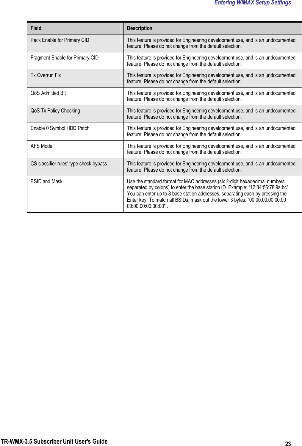 Entering WiMAX Setup Settings TR-WMX-3.5 Subscriber Unit User&apos;s Guide 23 Field  Description Pack Enable for Primary CID  This feature is provided for Engineering development use, and is an undocumented feature. Please do not change from the default selection. Fragment Enable for Primary CID  This feature is provided for Engineering development use, and is an undocumented feature. Please do not change from the default selection. Tx Overrun Fix  This feature is provided for Engineering development use, and is an undocumented feature. Please do not change from the default selection. QoS Admitted Bit  This feature is provided for Engineering development use, and is an undocumented feature. Please do not change from the default selection. QoS Tx Policy Checking  This feature is provided for Engineering development use, and is an undocumented feature. Please do not change from the default selection. Enable 0 Symbol HDD Patch  This feature is provided for Engineering development use, and is an undocumented feature. Please do not change from the default selection. AFS Mode  This feature is provided for Engineering development use, and is an undocumented feature. Please do not change from the default selection. CS classifier rules&apos; type check bypass  This feature is provided for Engineering development use, and is an undocumented feature. Please do not change from the default selection. BSID and Mask  Use the standard format for MAC addresses (six 2-digit hexadecimal numbers separated by colons) to enter the base station ID. Example: “12:34:56:78:9a:bc”. You can enter up to 8 base station addresses, separating each by pressing the Enter key. To match all BSIDs, mask out the lower 3 bytes. &quot;00:00:00:00:00:00 00:00:00:00:00:00&quot; . 