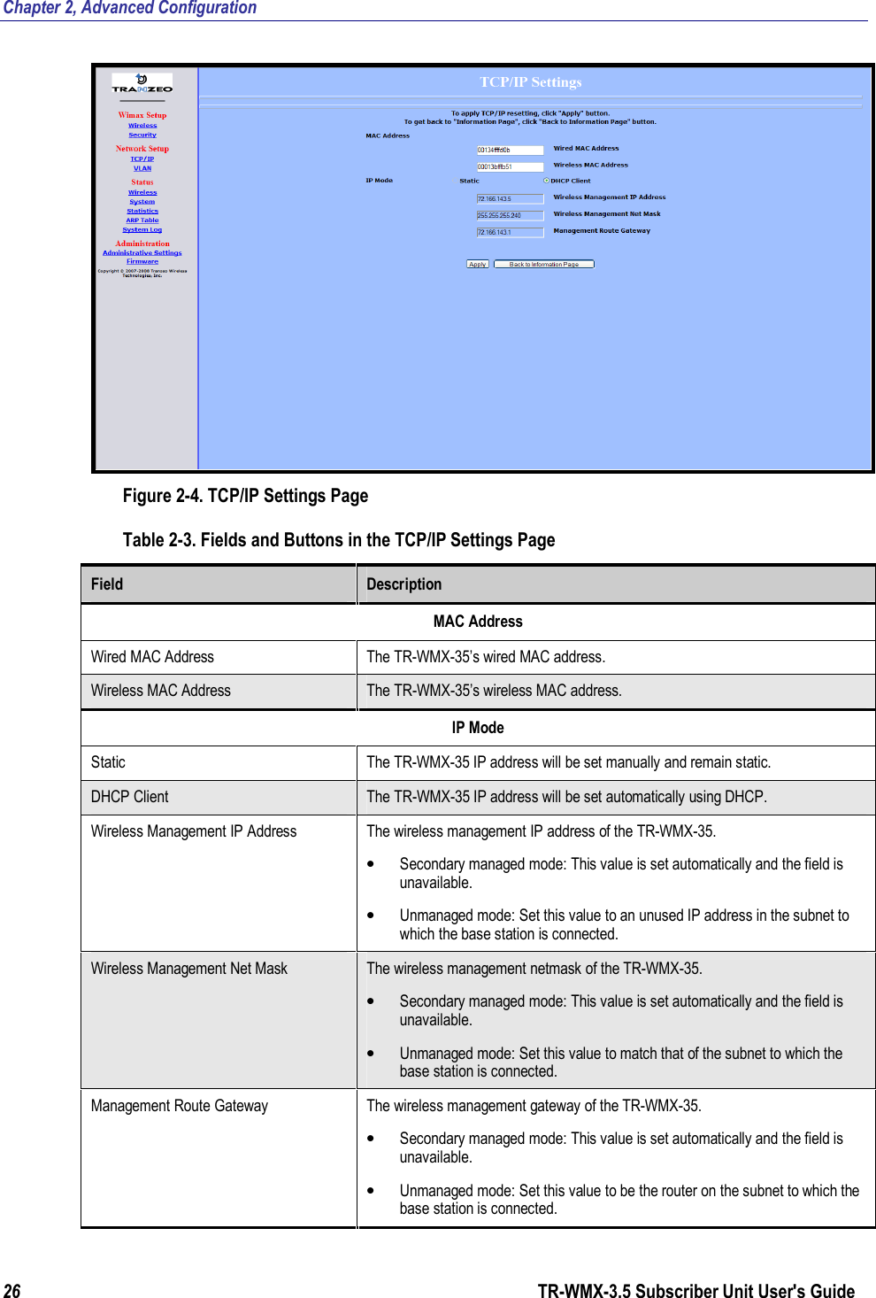 Chapter 2, Advanced Configuration 26                      TR-WMX-3.5 Subscriber Unit User&apos;s Guide   Figure 2-4. TCP/IP Settings Page Table 2-3. Fields and Buttons in the TCP/IP Settings Page Field  Description MAC Address Wired MAC Address  The TR-WMX-35’s wired MAC address. Wireless MAC Address  The TR-WMX-35’s wireless MAC address. IP Mode Static  The TR-WMX-35 IP address will be set manually and remain static. DHCP Client  The TR-WMX-35 IP address will be set automatically using DHCP. Wireless Management IP Address  The wireless management IP address of the TR-WMX-35. • Secondary managed mode: This value is set automatically and the field is unavailable.  • Unmanaged mode: Set this value to an unused IP address in the subnet to which the base station is connected. Wireless Management Net Mask  The wireless management netmask of the TR-WMX-35. • Secondary managed mode: This value is set automatically and the field is unavailable. • Unmanaged mode: Set this value to match that of the subnet to which the base station is connected. Management Route Gateway  The wireless management gateway of the TR-WMX-35. • Secondary managed mode: This value is set automatically and the field is unavailable. • Unmanaged mode: Set this value to be the router on the subnet to which the base station is connected.  