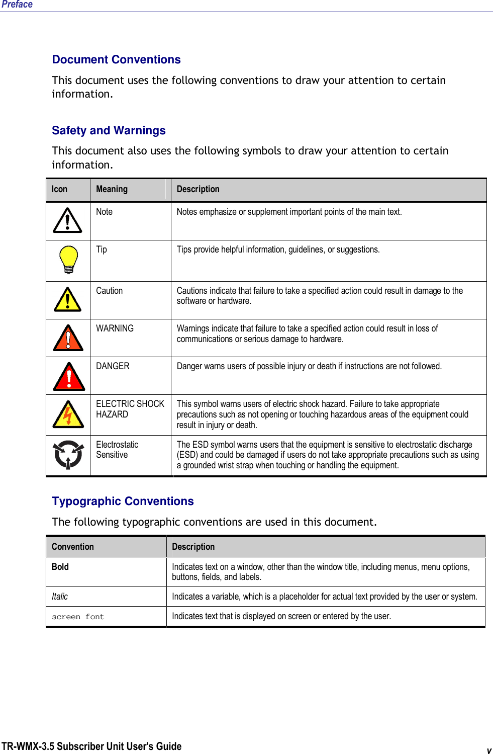 Preface TR-WMX-3.5 Subscriber Unit User&apos;s Guide v Document Conventions This document uses the following conventions to draw your attention to certain information. Safety and Warnings This document also uses the following symbols to draw your attention to certain information. Icon  Meaning  Description  Note  Notes emphasize or supplement important points of the main text.  Tip  Tips provide helpful information, guidelines, or suggestions.  Caution  Cautions indicate that failure to take a specified action could result in damage to the software or hardware.  WARNING  Warnings indicate that failure to take a specified action could result in loss of communications or serious damage to hardware.  DANGER  Danger warns users of possible injury or death if instructions are not followed.  ELECTRIC SHOCK HAZARD This symbol warns users of electric shock hazard. Failure to take appropriate precautions such as not opening or touching hazardous areas of the equipment could result in injury or death.  Electrostatic Sensitive The ESD symbol warns users that the equipment is sensitive to electrostatic discharge (ESD) and could be damaged if users do not take appropriate precautions such as using a grounded wrist strap when touching or handling the equipment. Typographic Conventions The following typographic conventions are used in this document. Convention  Description Bold  Indicates text on a window, other than the window title, including menus, menu options, buttons, fields, and labels. Italic  Indicates a variable, which is a placeholder for actual text provided by the user or system. screen font  Indicates text that is displayed on screen or entered by the user.  