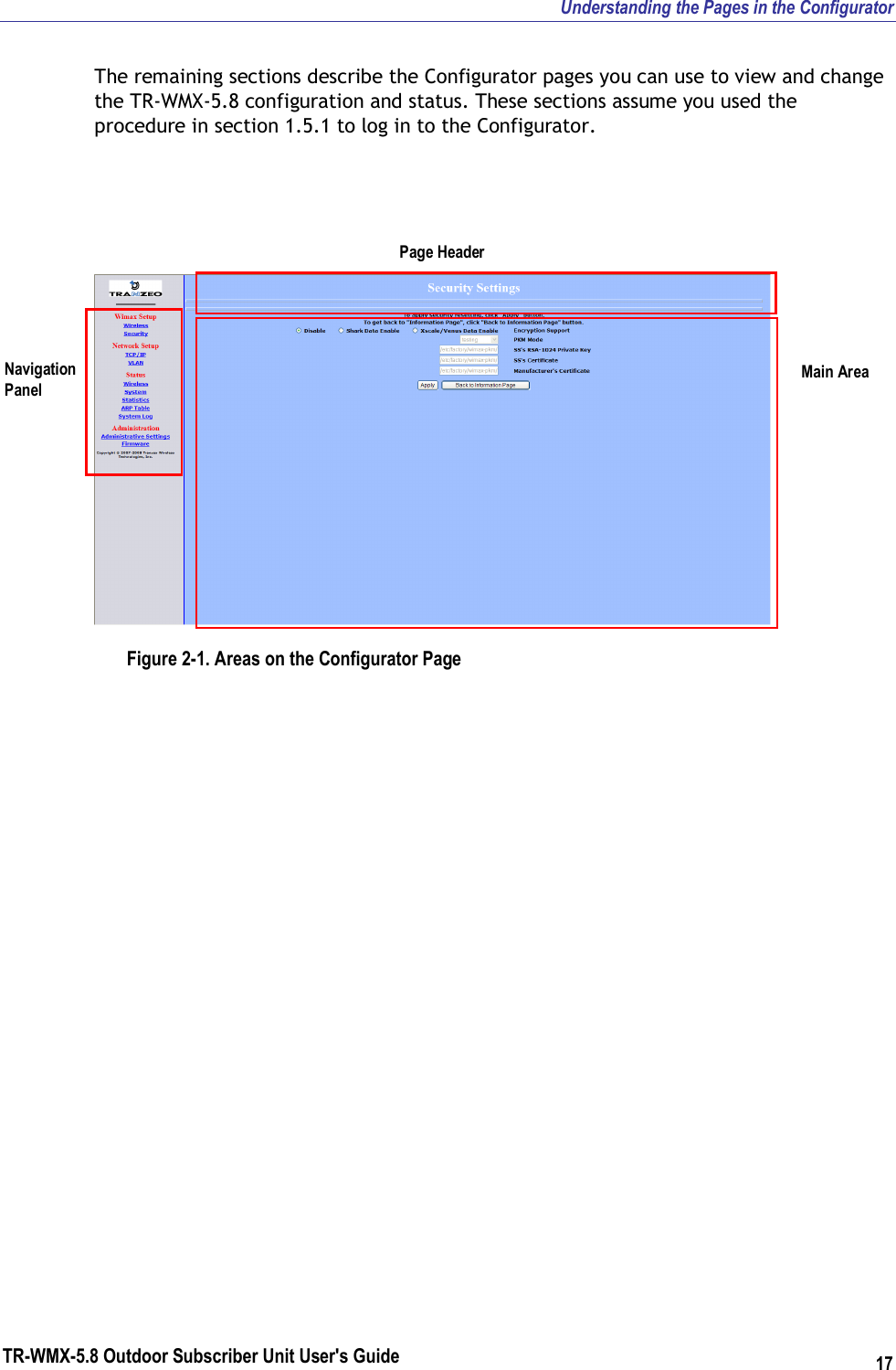 Understanding the Pages in the Configurator TR-WMX-5.8 Outdoor Subscriber Unit User&apos;s Guide 17 The remaining sections describe the Configurator pages you can use to view and change the TR-WMX-5.8 configuration and status. These sections assume you used the procedure in section 1.5.1 to log in to the Configurator.   Figure 2-1. Areas on the Configurator Page Navigation Panel Main Area Page Header 