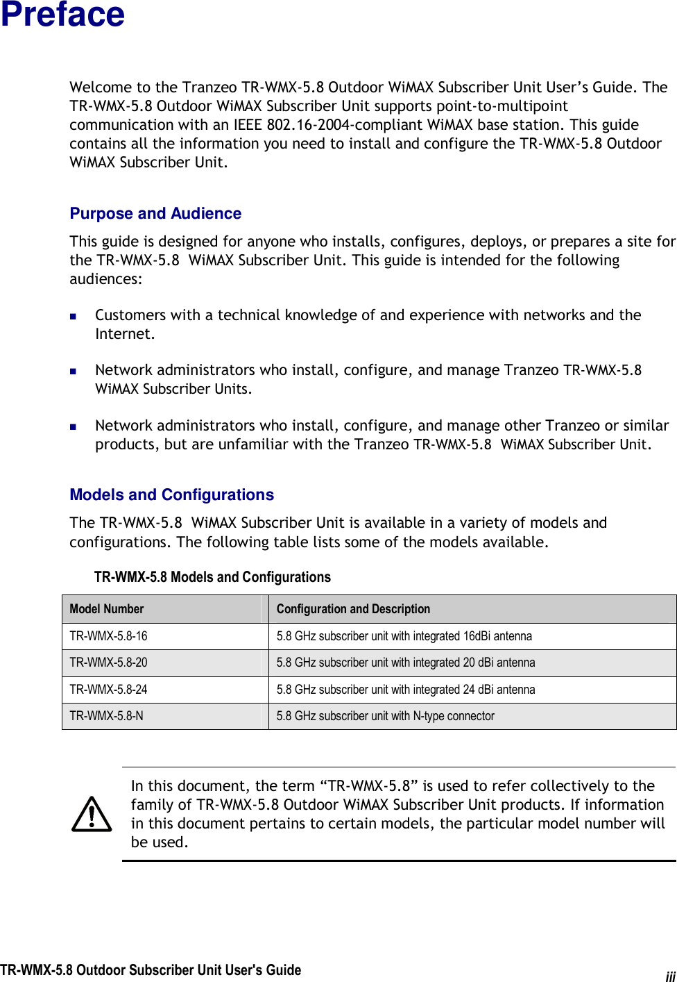  TR-WMX-5.8 Outdoor Subscriber Unit User&apos;s Guide iiiPreface Welcome to the Tranzeo TR-WMX-5.8 Outdoor WiMAX Subscriber Unit User’s Guide. The TR-WMX-5.8 Outdoor WiMAX Subscriber Unit supports point-to-multipoint communication with an IEEE 802.16-2004-compliant WiMAX base station. This guide contains all the information you need to install and configure the TR-WMX-5.8 Outdoor WiMAX Subscriber Unit. Purpose and Audience This guide is designed for anyone who installs, configures, deploys, or prepares a site for the TR-WMX-5.8  WiMAX Subscriber Unit. This guide is intended for the following audiences:  Customers with a technical knowledge of and experience with networks and the Internet.  Network administrators who install, configure, and manage Tranzeo TR-WMX-5.8  WiMAX Subscriber Units.  Network administrators who install, configure, and manage other Tranzeo or similar products, but are unfamiliar with the Tranzeo TR-WMX-5.8  WiMAX Subscriber Unit. Models and Configurations The TR-WMX-5.8  WiMAX Subscriber Unit is available in a variety of models and configurations. The following table lists some of the models available. TR-WMX-5.8 Models and Configurations Model Number  Configuration and Description TR-WMX-5.8-16  5.8 GHz subscriber unit with integrated 16dBi antenna TR-WMX-5.8-20  5.8 GHz subscriber unit with integrated 20 dBi antenna TR-WMX-5.8-24  5.8 GHz subscriber unit with integrated 24 dBi antenna TR-WMX-5.8-N  5.8 GHz subscriber unit with N-type connector   In this document, the term “TR-WMX-5.8” is used to refer collectively to the family of TR-WMX-5.8 Outdoor WiMAX Subscriber Unit products. If information in this document pertains to certain models, the particular model number will be used.  