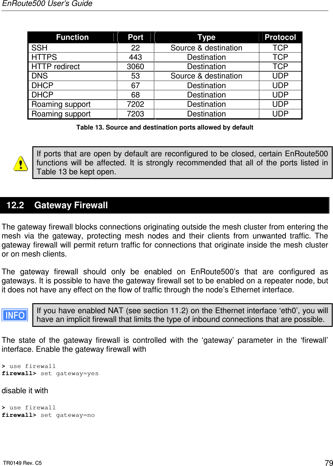 EnRoute500 User’s Guide  TR0149 Rev. C5  79  Function  Port  Type  Protocol SSH  22  Source &amp; destination  TCP HTTPS  443  Destination  TCP HTTP redirect  3060  Destination  TCP DNS  53  Source &amp; destination  UDP DHCP  67  Destination  UDP DHCP  68  Destination  UDP Roaming support  7202  Destination  UDP Roaming support  7203  Destination  UDP Table 13. Source and destination ports allowed by default  If ports that are open by default are reconfigured to be closed, certain EnRoute500 functions  will  be  affected.  It  is  strongly recommended  that all  of  the  ports  listed  in Table 13 be kept open. 12.2  Gateway Firewall The gateway firewall blocks connections originating outside the mesh cluster from entering the mesh  via  the  gateway,  protecting  mesh  nodes  and  their  clients  from  unwanted  traffic.  The gateway firewall will permit return traffic for connections that originate inside the mesh cluster or on mesh clients.  The  gateway  firewall  should  only  be  enabled  on  EnRoute500’s  that  are  configured  as gateways. It is possible to have the gateway firewall set to be enabled on a repeater node, but it does not have any effect on the flow of traffic through the node’s Ethernet interface.  If you have enabled NAT (see section 11.2) on the Ethernet interface ‘eth0’, you will have an implicit firewall that limits the type of inbound connections that are possible.  The  state  of  the  gateway  firewall  is  controlled  with  the  ‘gateway’  parameter  in  the  ‘firewall’ interface. Enable the gateway firewall with  &gt; use firewall firewall&gt; set gateway=yes  disable it with  &gt; use firewall firewall&gt; set gateway=no  