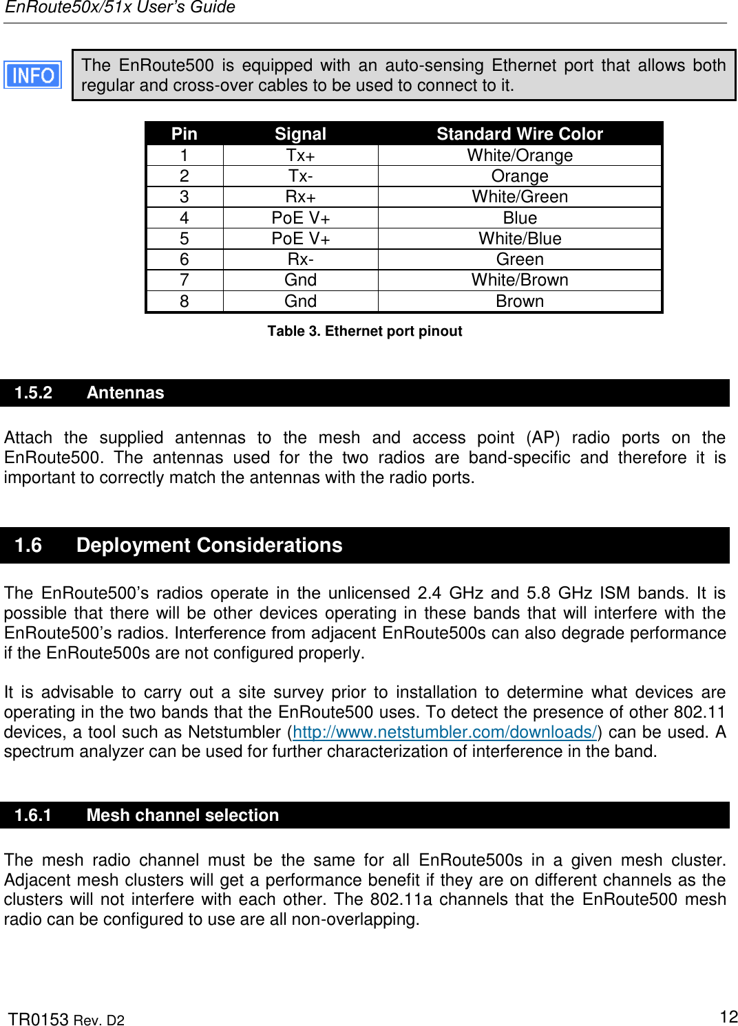 EnRoute50x/51x User’s Guide  TR0153 Rev. D2   12 The  EnRoute500  is  equipped  with  an  auto-sensing  Ethernet  port  that  allows  both regular and cross-over cables to be used to connect to it.  Pin Signal Standard Wire Color 1 Tx+ White/Orange 2 Tx- Orange 3 Rx+ White/Green 4 PoE V+ Blue 5 PoE V+ White/Blue 6 Rx- Green 7 Gnd White/Brown 8 Gnd Brown Table 3. Ethernet port pinout 1.5.2  Antennas Attach  the  supplied  antennas  to  the  mesh  and  access  point  (AP)  radio  ports  on  the EnRoute500.  The  antennas  used  for  the  two  radios  are  band-specific  and  therefore  it  is important to correctly match the antennas with the radio ports. 1.6  Deployment Considerations The  EnRoute500‟s  radios  operate  in  the  unlicensed  2.4  GHz  and  5.8  GHz  ISM  bands.  It  is possible that there will be other devices operating in these bands that will interfere with the EnRoute500‟s radios. Interference from adjacent EnRoute500s can also degrade performance if the EnRoute500s are not configured properly.  It  is  advisable  to  carry  out  a  site  survey  prior  to  installation  to  determine  what  devices  are operating in the two bands that the EnRoute500 uses. To detect the presence of other 802.11 devices, a tool such as Netstumbler (http://www.netstumbler.com/downloads/) can be used. A spectrum analyzer can be used for further characterization of interference in the band. 1.6.1  Mesh channel selection The  mesh  radio  channel  must  be  the  same  for  all  EnRoute500s  in  a  given  mesh  cluster. Adjacent mesh clusters will get a performance benefit if they are on different channels as the clusters will not interfere with each other. The 802.11a channels that the EnRoute500 mesh radio can be configured to use are all non-overlapping. 