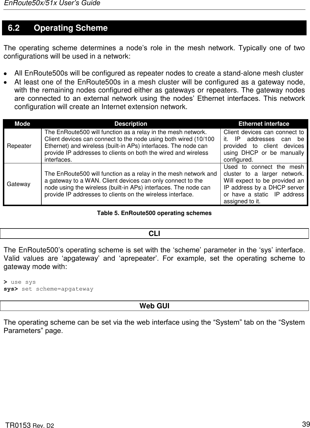 EnRoute50x/51x User’s Guide  TR0153 Rev. D2   39 6.2  Operating Scheme The  operating  scheme  determines  a  node‟s  role  in  the  mesh  network.  Typically  one  of  two configurations will be used in a network:    All EnRoute500s will be configured as repeater nodes to create a stand-alone mesh cluster   At least one of the EnRoute500s in a mesh cluster will be configured as a gateway node, with the remaining nodes configured either as gateways or repeaters. The gateway nodes are  connected  to  an external  network  using  the  nodes‟  Ethernet  interfaces.  This  network configuration will create an Internet extension network.  Mode Description Ethernet interface Repeater The EnRoute500 will function as a relay in the mesh network. Client devices can connect to the node using both wired (10/100 Ethernet) and wireless (built-in APs) interfaces. The node can provide IP addresses to clients on both the wired and wireless interfaces. Client devices can connect to it.  IP  addresses  can  be provided  to  client  devices using  DHCP  or  be  manually configured. Gateway The EnRoute500 will function as a relay in the mesh network and a gateway to a WAN. Client devices can only connect to the node using the wireless (built-in APs) interfaces. The node can provide IP addresses to clients on the wireless interface.  Used  to  connect  the  mesh cluster  to  a  larger  network. Will expect to be provided an IP address by a DHCP server or  have  a  static    IP  address assigned to it. Table 5. EnRoute500 operating schemes  CLI The EnRoute500‟s operating scheme is set with the „scheme‟ parameter in the „sys‟ interface. Valid  values  are  „apgateway‟  and  „aprepeater‟.  For  example,  set  the  operating  scheme  to gateway mode with:  &gt; use sys sys&gt; set scheme=apgateway  Web GUI The operating scheme can be set via the web interface using the “System” tab on the “System Parameters” page.   