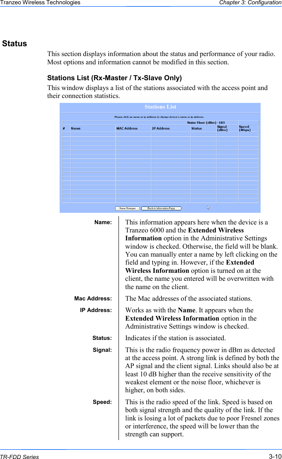  101010 This document is intended for Public Distribution                         19473 Fraser Way, Pitt Meadows, B.C. Canada V3Y  2V4 Chapter 3: Configuration 3-10 TR-FDD Series Tranzeo Wireless Technologies Status This section displays information about the status and performance of your radio. Most options and information cannot be modified in this section. Stations List (Rx-Master / Tx-Slave Only) This window displays a list of the stations associated with the access point and their connection statistics.                   Name:   This information appears here when the device is a Tranzeo 6000 and the Extended Wireless Information option in the Administrative Settings window is checked. Otherwise, the field will be blank. You can manually enter a name by left clicking on the field and typing in. However, if the Extended Wireless Information option is turned on at the client, the name you entered will be overwritten with the name on the client. Mac Address:  The Mac addresses of the associated stations. IP Address:   Works as with the Name. It appears when the Extended Wireless Information option in the Administrative Settings window is checked.  Status:   Indicates if the station is associated. Signal:   This is the radio frequency power in dBm as detected at the access point. A strong link is defined by both the AP signal and the client signal. Links should also be at least 10 dB higher than the receive sensitivity of the weakest element or the noise floor, whichever is higher, on both sides. Speed:   This is the radio speed of the link. Speed is based on both signal strength and the quality of the link. If the link is losing a lot of packets due to poor Fresnel zones or interference, the speed will be lower than the strength can support. 