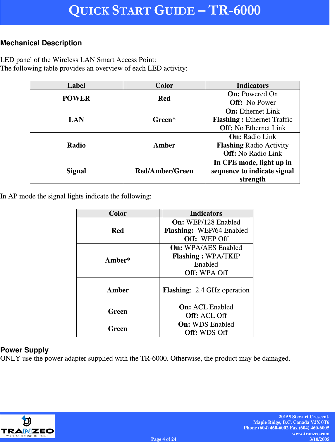    20155 Stewart Crescent, Maple Ridge, B.C. Canada V2X 0T6 Phone (604) 460-6002 Fax (604) 460-6005 www.tranzeo.com Page 4 of 24                                                                             3/10/2005  Mechanical Description  LED panel of the Wireless LAN Smart Access Point: The following table provides an overview of each LED activity: LED Definition Activity Description Label  Color  Indicators POWER  Red  On: Powered On Off:  No Power LAN  Green* On: Ethernet Link Flashing : Ethernet Traffic Off: No Ethernet Link Radio Amber On: Radio Link Flashing Radio Activity Off: No Radio Link Signal  Red/Amber/Green In CPE mode, light up in sequence to indicate signal strength  In AP mode the signal lights indicate the following:  Color  Indicators Red On: WEP/128 Enabled Flashing:  WEP/64 Enabled Off:  WEP Off Amber* On: WPA/AES Enabled Flashing : WPA/TKIP Enabled Off: WPA Off Amber  Flashing:  2.4 GHz operation  Green  On: ACL Enabled Off: ACL Off Green  On: WDS Enabled Off: WDS Off  Power Supply ONLY use the power adapter supplied with the TR-6000. Otherwise, the product may be damaged. 