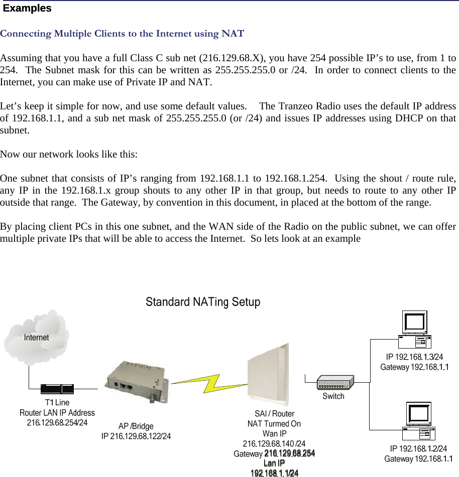  333  Connecting Multiple Clients to the Internet using NAT  Assuming that you have a full Class C sub net (216.129.68.X), you have 254 possible IP’s to use, from 1 to 254.  The Subnet mask for this can be written as 255.255.255.0 or /24.  In order to connect clients to the Internet, you can make use of Private IP and NAT.  Let’s keep it simple for now, and use some default values.    The Tranzeo Radio uses the default IP address of 192.168.1.1, and a sub net mask of 255.255.255.0 (or /24) and issues IP addresses using DHCP on that subnet.  Now our network looks like this:  One subnet that consists of IP’s ranging from 192.168.1.1 to 192.168.1.254.  Using the shout / route rule, any IP in the 192.168.1.x group shouts to any other IP in that group, but needs to route to any other IP outside that range.  The Gateway, by convention in this document, in placed at the bottom of the range.  By placing client PCs in this one subnet, and the WAN side of the Radio on the public subnet, we can offer multiple private IPs that will be able to access the Internet.  So lets look at an example   Examples Examples 