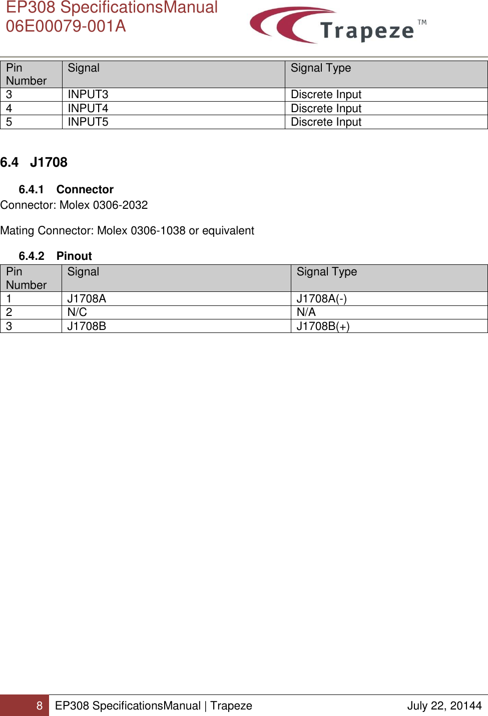      EP308 SpecificationsManual  06E00079-001A  8 EP308 SpecificationsManual | Trapeze  July 22, 20144  Pin Number Signal Signal Type 3 INPUT3 Discrete Input 4 INPUT4 Discrete Input 5 INPUT5 Discrete Input  6.4 J1708 6.4.1  Connector Connector: Molex 0306-2032 Mating Connector: Molex 0306-1038 or equivalent 6.4.2  Pinout Pin Number Signal Signal Type 1 J1708A J1708A(-) 2 N/C N/A 3 J1708B J1708B(+)  