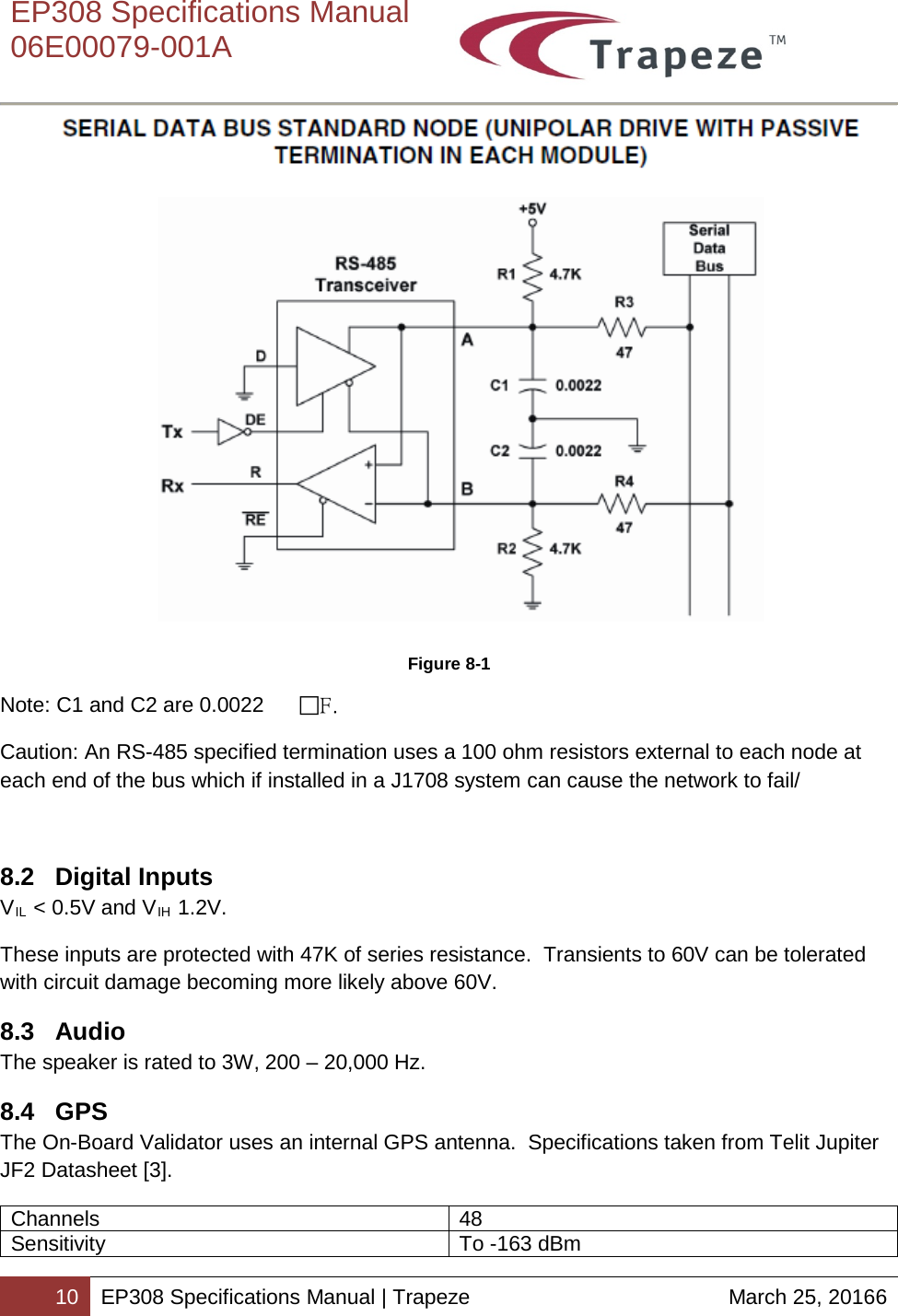    EP308 Specifications Manual  06E00079-001A  10 EP308 Specifications Manual | Trapeze March 25, 20166   Figure 8-1 Note: C1 and C2 are 0.0022 F. Caution: An RS-485 specified termination uses a 100 ohm resistors external to each node at each end of the bus which if installed in a J1708 system can cause the network to fail/  8.2  Digital Inputs VIL &lt; 0.5V and VIH 1.2V. These inputs are protected with 47K of series resistance.  Transients to 60V can be tolerated with circuit damage becoming more likely above 60V. 8.3 Audio The speaker is rated to 3W, 200 – 20,000 Hz. 8.4  GPS The On-Board Validator uses an internal GPS antenna.  Specifications taken from Telit Jupiter JF2 Datasheet [3]. Channels 48 Sensitivity To -163 dBm 