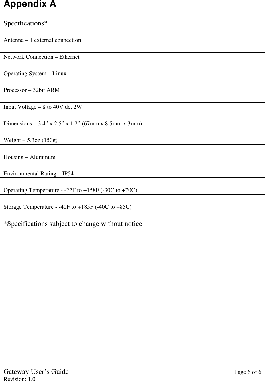 Gateway User’s Guide    Page 6 of 6 Revision: 1.0   Appendix A   Specifications*  Antenna – 1 external connection  Network Connection – Ethernet  Operating System – Linux  Processor – 32bit ARM  Input Voltage – 8 to 40V dc, 2W  Dimensions – 3.4” x 2.5” x 1.2” (67mm x 8.5mm x 3mm)  Weight – 5.3oz (150g)  Housing – Aluminum  Environmental Rating – IP54  Operating Temperature - -22F to +158F (-30C to +70C)  Storage Temperature - -40F to +185F (-40C to +85C)  *Specifications subject to change without notice 