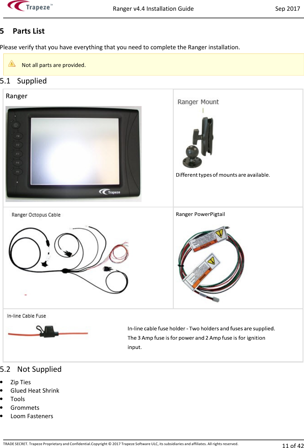 Ranger v4.4 Installation Guide Sep 2017 TRADE SECRET. Trapeze Proprietary and Confidential.Copyright © 2017 Trapeze Software ULC, its subsidiaries and affiliates. All rights reserved. 11 of 42   5 Parts List Please verify that you have everything that you need to complete the Ranger installation. 5.1 Supplied 5.2 Not Supplied • Zip Ties • Glued Heat Shrink • Tools  • Grommets • Loom Fasteners  Not all parts are provided.      