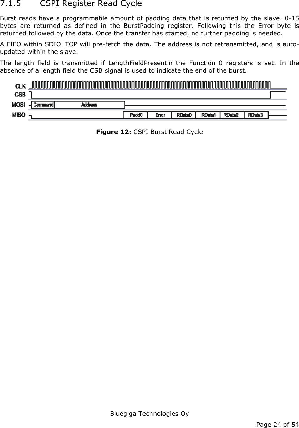   Bluegiga Technologies Oy Page 24 of 54 7.1.5 CSPI Register Read Cycle Burst reads have a programmable amount of padding data that is returned by the slave. 0-15 bytes are returned as defined in the BurstPadding register. Following this the Error byte is returned followed by the data. Once the transfer has started, no further padding is needed. A FIFO within SDIO_TOP will pre-fetch the data. The address is not retransmitted, and is auto-updated within the slave. The length field is transmitted if LengthFieldPresentin the Function 0 registers is set. In the absence of a length field the CSB signal is used to indicate the end of the burst.  Figure 12: CSPI Burst Read Cycle  