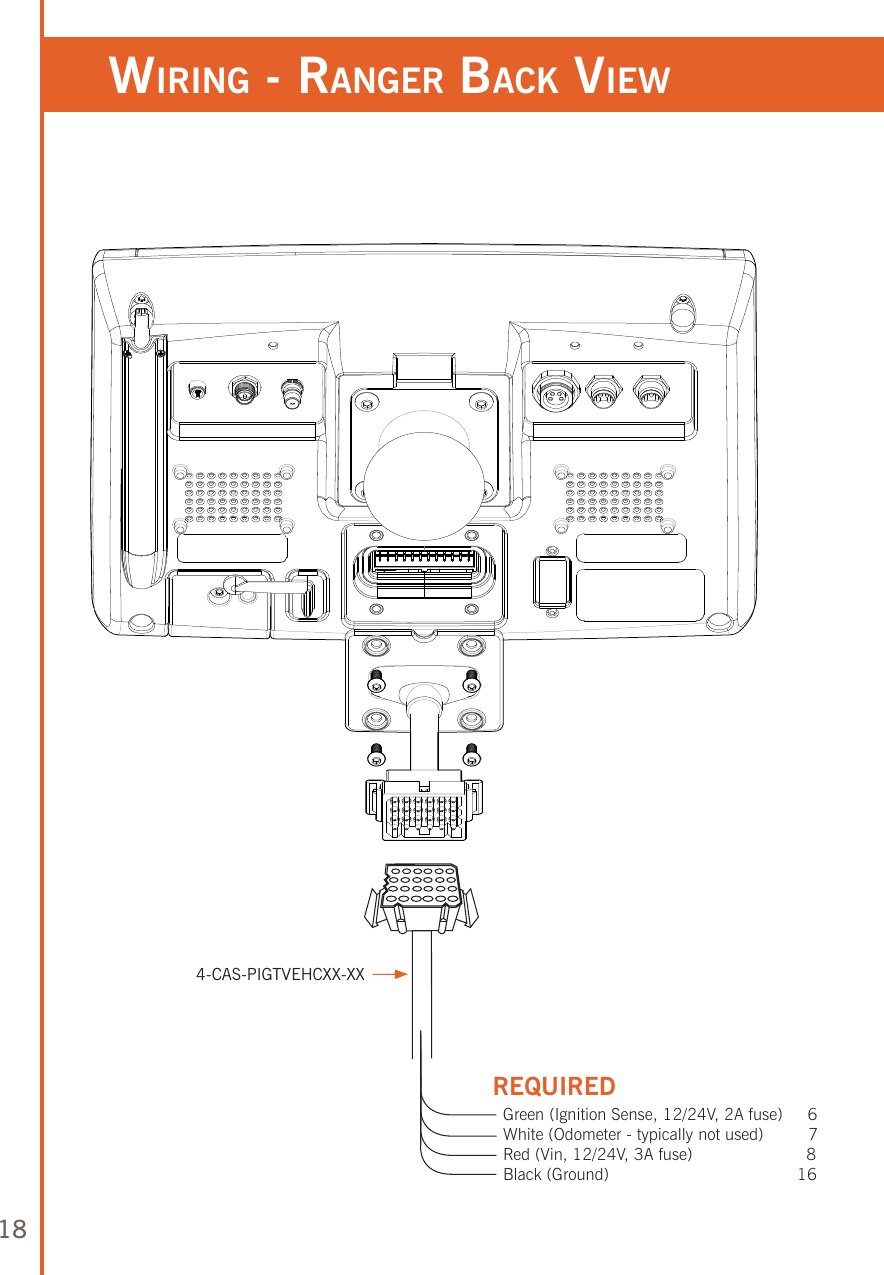 184-CAS-PIGTVEHCXX-XXGreen (Ignition Sense, 12/24V, 2A fuse)     6White (Odometer - typically not used)         7Red (Vin, 12/24V, 3A fuse)                       8Black (Ground)                                      16REQUIREDwiring - ranger baCk view