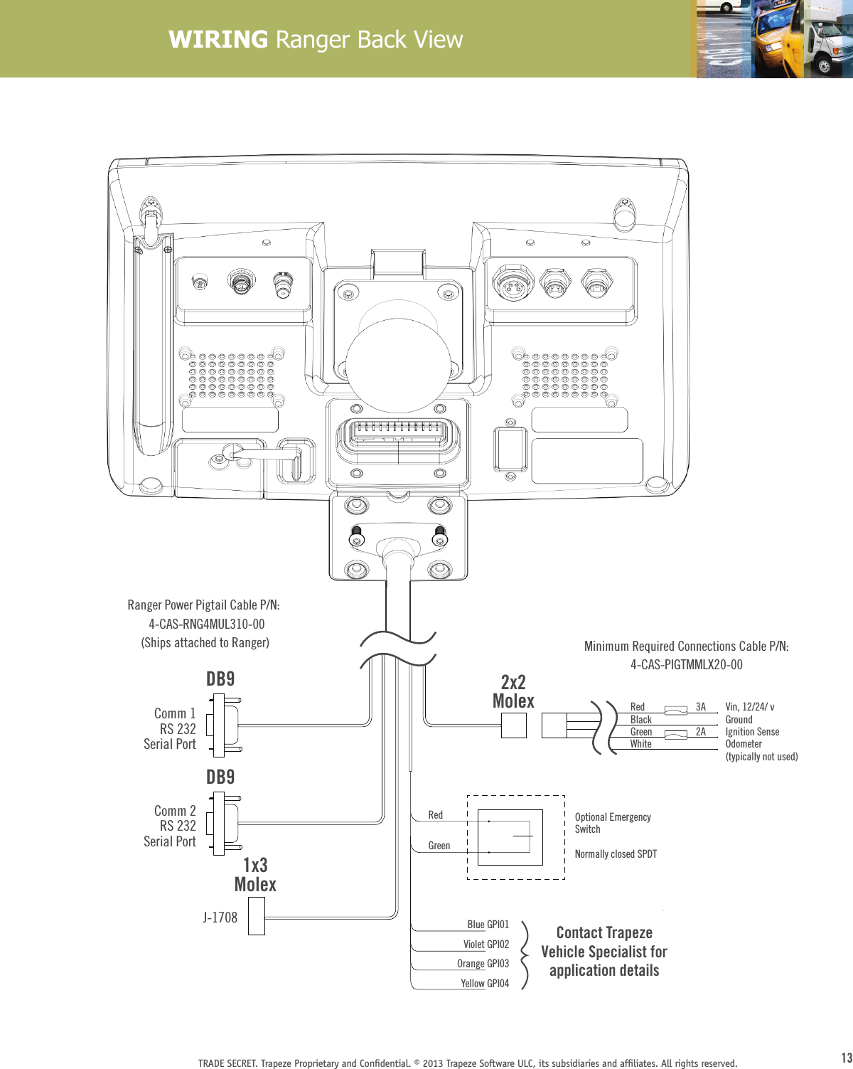 13TRADE SECRET. Trapeze Proprietary and Conﬁdential. © 2013 Trapeze Software ULC, its subsidiaries and afﬁliates. All rights reserved. WIRING Ranger Back ViewDB9DB91x3Molex2x2MolexComm 1RS 232Serial PortMinimum Required Connections Cable P/N:4-CAS-PIGTMMLX20-00Ranger Power Pigtail Cable P/N:  4-CAS-RNG4MUL310-00 (Ships attached to Ranger)Comm 2RS 232Serial PortJ-1708Contact Trapeze Vehicle Specialist for application detailsRed   3ABlackGreen 2AWhiteBlue GPI01Violet GPI02Orange GPI03Yellow GPI04Red GreenVin, 12/24/ vGroundIgnition SenseOdometer (typically not used)Optional EmergencySwitchNormally closed SPDT