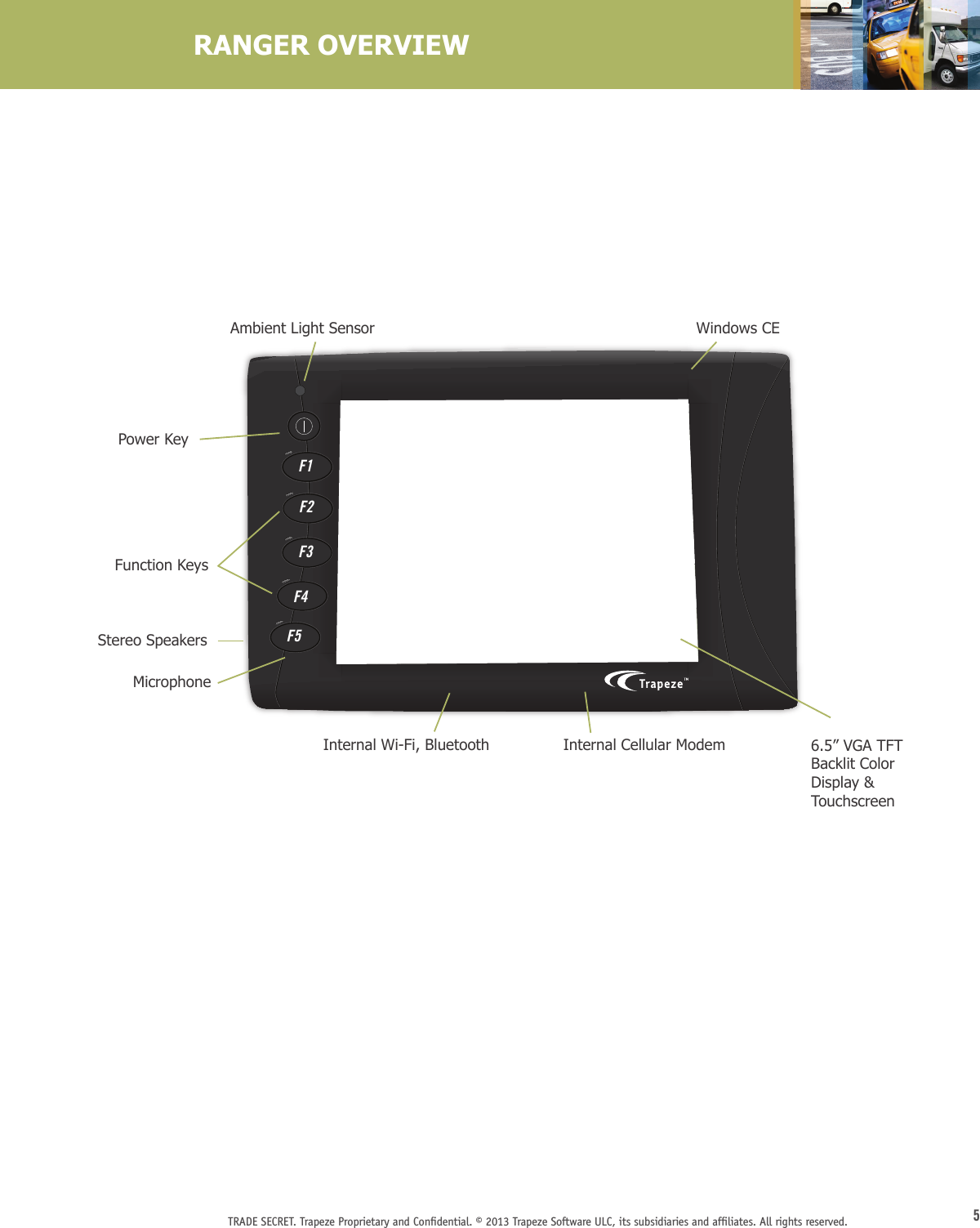 5TRADE SECRET. Trapeze Proprietary and Conﬁdential. © 2013 Trapeze Software ULC, its subsidiaries and afﬁliates. All rights reserved. RANGER OVERVIEWF1F2F3F4F5Ambient Light Sensor Windows CE6.5” VGA TFT Backlit Color Display &amp; TouchscreenInternal Wi-Fi, Bluetooth Internal Cellular ModemMicrophoneStereo SpeakersFunction KeysPower Key