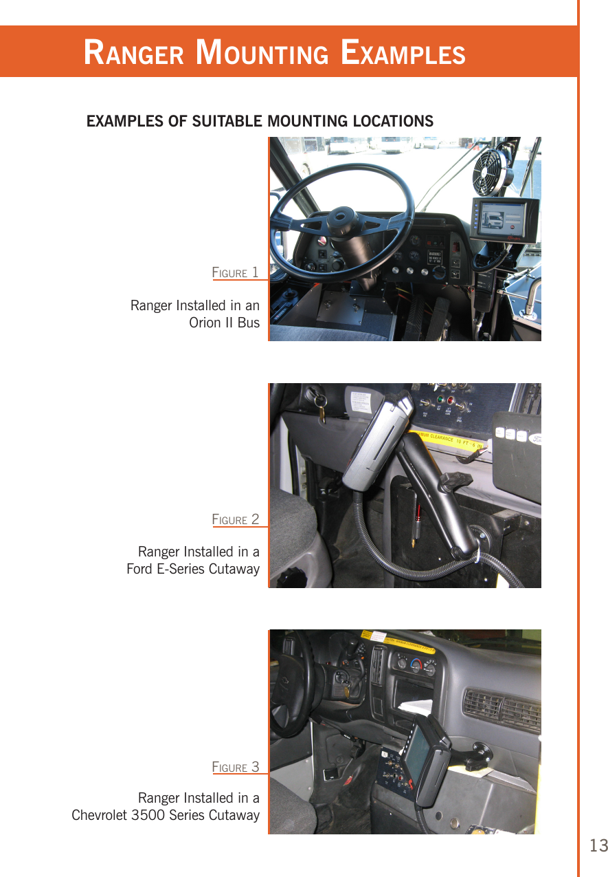 13ranger MounTing exaMples EXAMPLES OF SUITABLE MOUNTING LOCATIONSRanger Installed in an Orion II BusRanger Installed in a  Ford E-Series CutawayRanger Installed in a Chevrolet 3500 Series CutawayFigure 1Figure 2Figure 3  