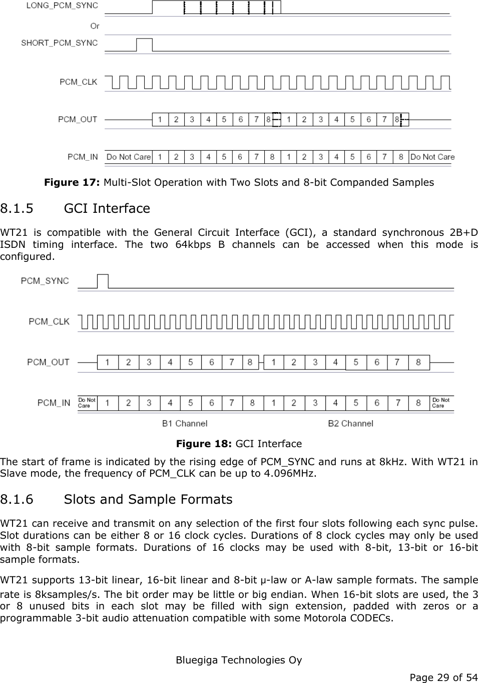   Bluegiga Technologies Oy Page 29 of 54  Figure 17: Multi-Slot Operation with Two Slots and 8-bit Companded Samples 8.1.5 GCI Interface WT21 is compatible with the General Circuit Interface (GCI), a standard synchronous 2B+D ISDN timing interface. The two 64kbps B channels can be accessed when this mode is configured.  Figure 18: GCI Interface The start of frame is indicated by the rising edge of PCM_SYNC and runs at 8kHz. With WT21 in Slave mode, the frequency of PCM_CLK can be up to 4.096MHz. 8.1.6 Slots and Sample Formats WT21 can receive and transmit on any selection of the first four slots following each sync pulse. Slot durations can be either 8 or 16 clock cycles. Durations of 8 clock cycles may only be used with 8-bit sample formats. Durations of 16 clocks may be used with 8-bit, 13-bit or 16-bit sample formats. WT21 supports 13-bit linear, 16-bit linear and 8-bit μ-law or A-law sample formats. The sample rate is 8ksamples/s. The bit order may be little or big endian. When 16-bit slots are used, the 3 or 8 unused bits in each slot may be filled with sign extension, padded with zeros or a programmable 3-bit audio attenuation compatible with some Motorola CODECs. 