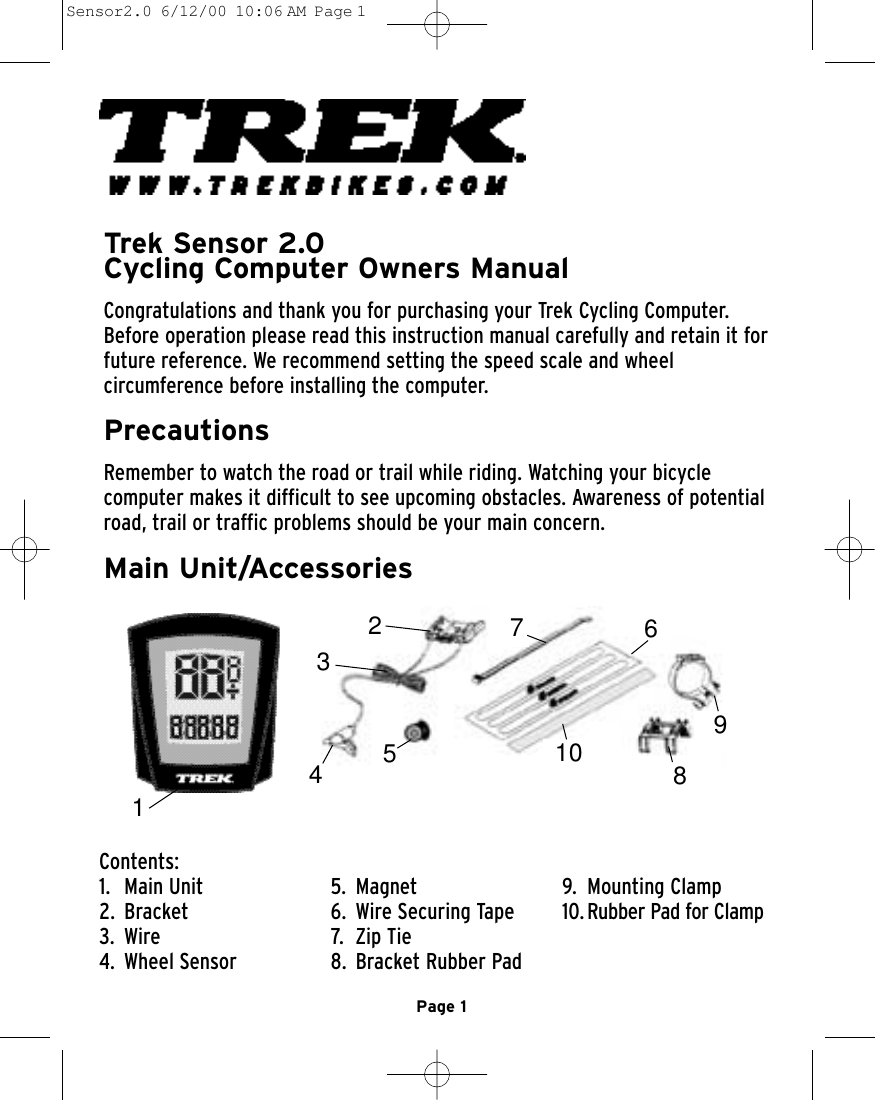 Page 1 of 6 - Trek Trek-Sensor-2-0-Users-Manual- Sensor2.0  Trek-sensor-2-0-users-manual