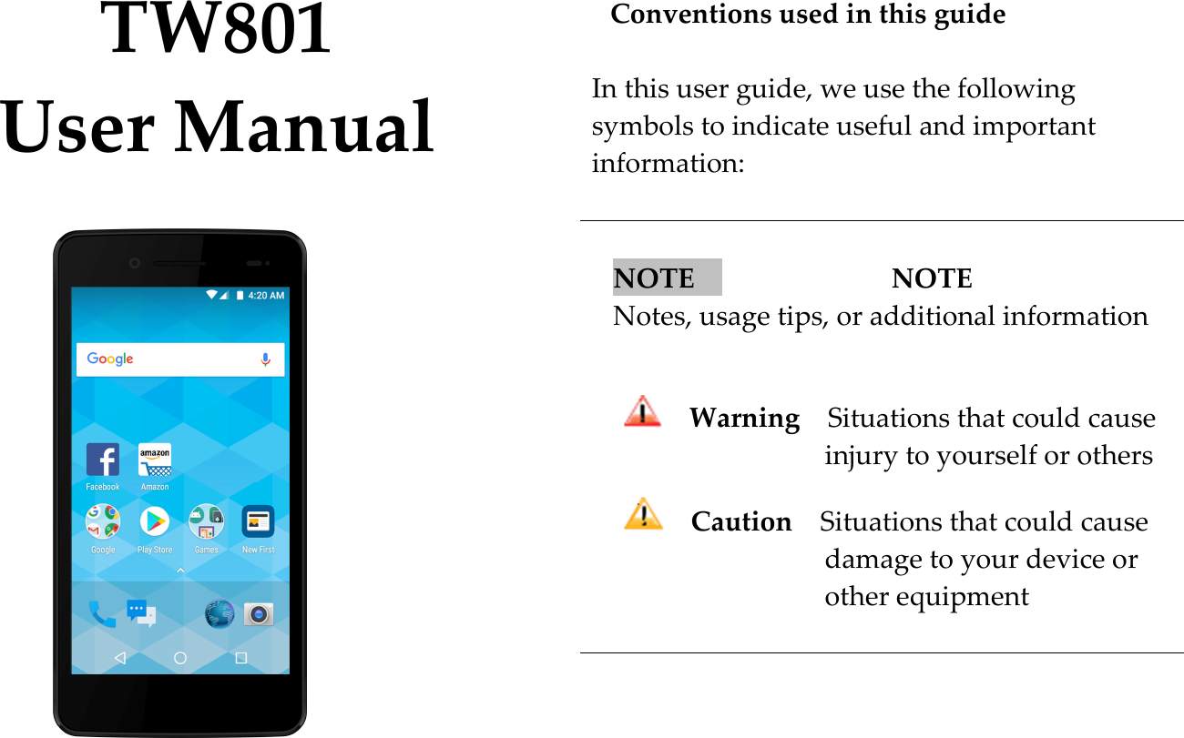    TW801 User Manual             Conventions used in this guide  In this user guide, we use the following symbols to indicate useful and important information:   NOTE      NOTE    Notes, usage tips, or additional information       Warning    Situations that could cause injury to yourself or others      Caution    Situations that could cause damage to your device or other equipment     