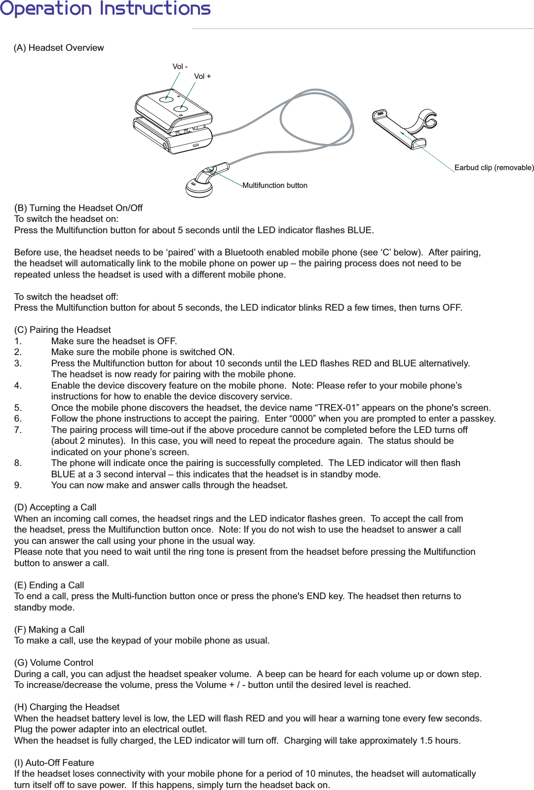 Trex BT0611BKTX ClipOn Bluetooth Headset User Manual instruction02 ai