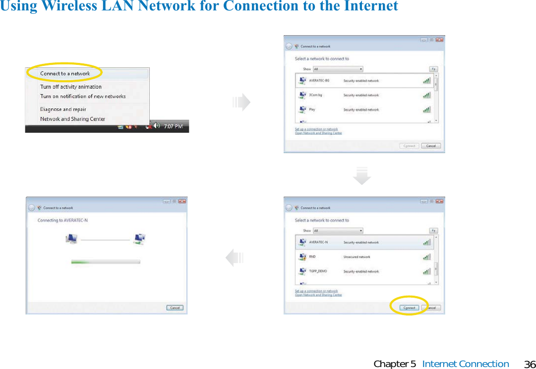 36Chapter 5 Internet ConnectionUsing Wireless LAN Network for Connection to the Internet