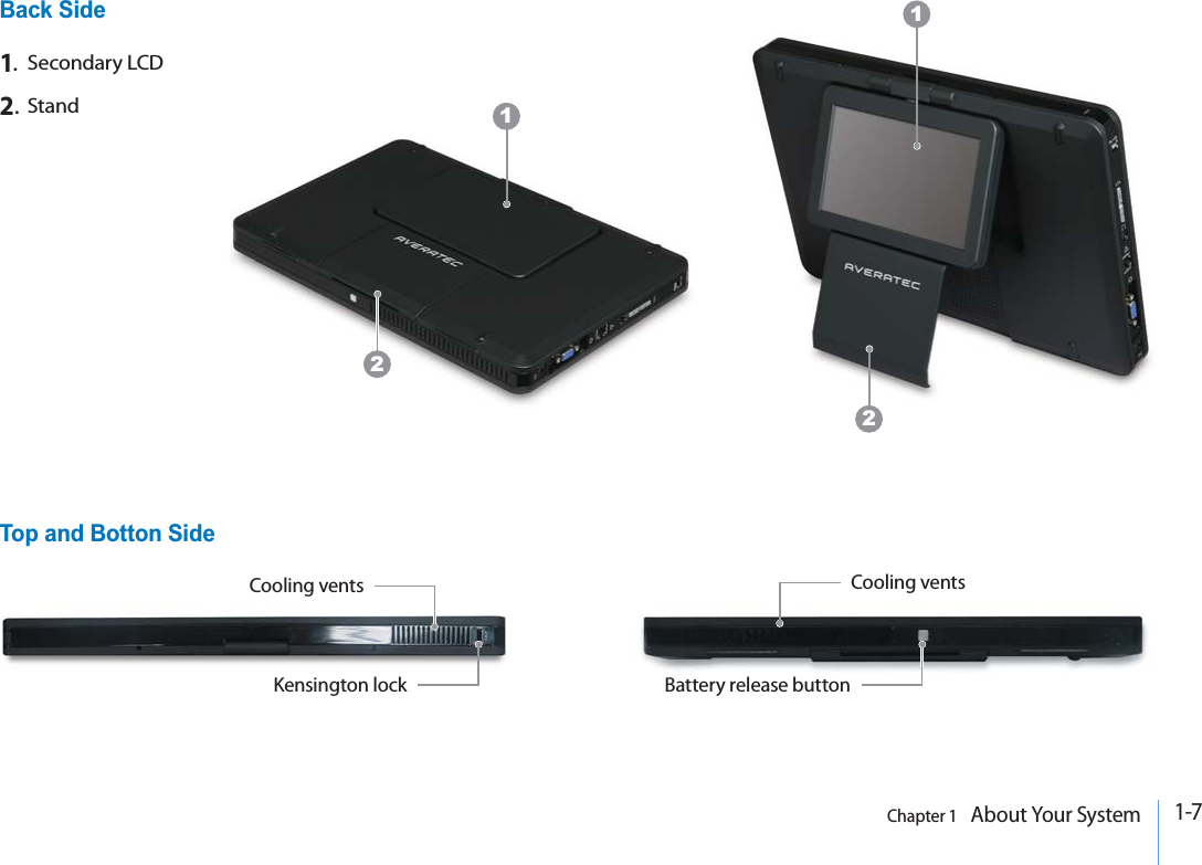 1-7Chapter 1   About Your System1.Secondary LCD2.StandBack SideTop and Botton Side2112Kensington lockCooling ventsBattery release buttonCooling vents