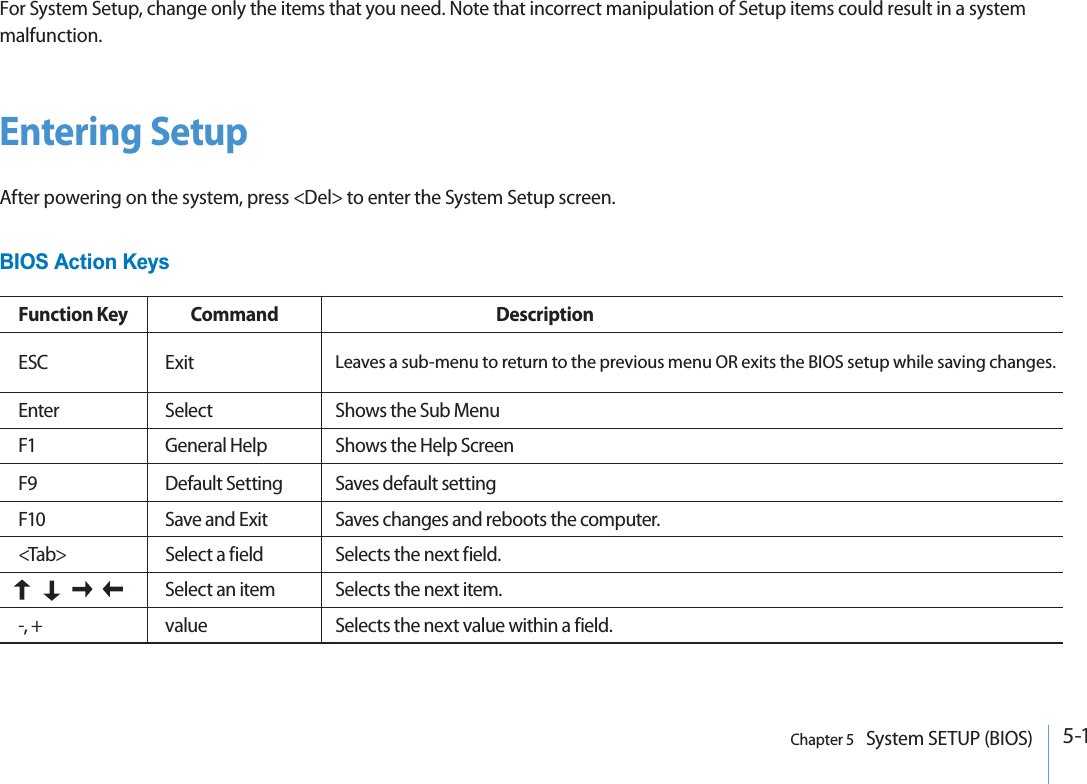 5-1Chapter 5   System SETUP (BIOS)For System Setup, change only the items that you need. Note that incorrect manipulation of Setup items could result in a system malfunction.Entering SetupAfter powering on the system, press &lt;Del&gt; to enter the System Setup screen.BIOS Action KeysLeaves a sub-menu to return to the previous menu OR exits the BIOS setup while saving changes.Shows the Sub MenuESC ExitEnter SelectFunction Key Command DescriptionShows the Help ScreenF1 General HelpSaves default settingF9 Default SettingSaves changes and reboots the computer.F10  Save and ExitSelects the next field.&lt;Tab&gt;  Select a fieldSelects the next item.Select an item-, + value Selects the next value within a field.