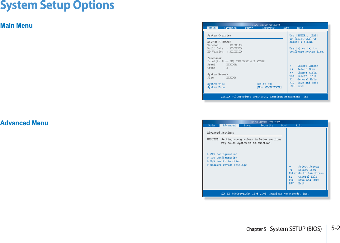 5-2Chapter 5   System SETUP (BIOS)System Setup OptionsMain MenuAdvanced Menu