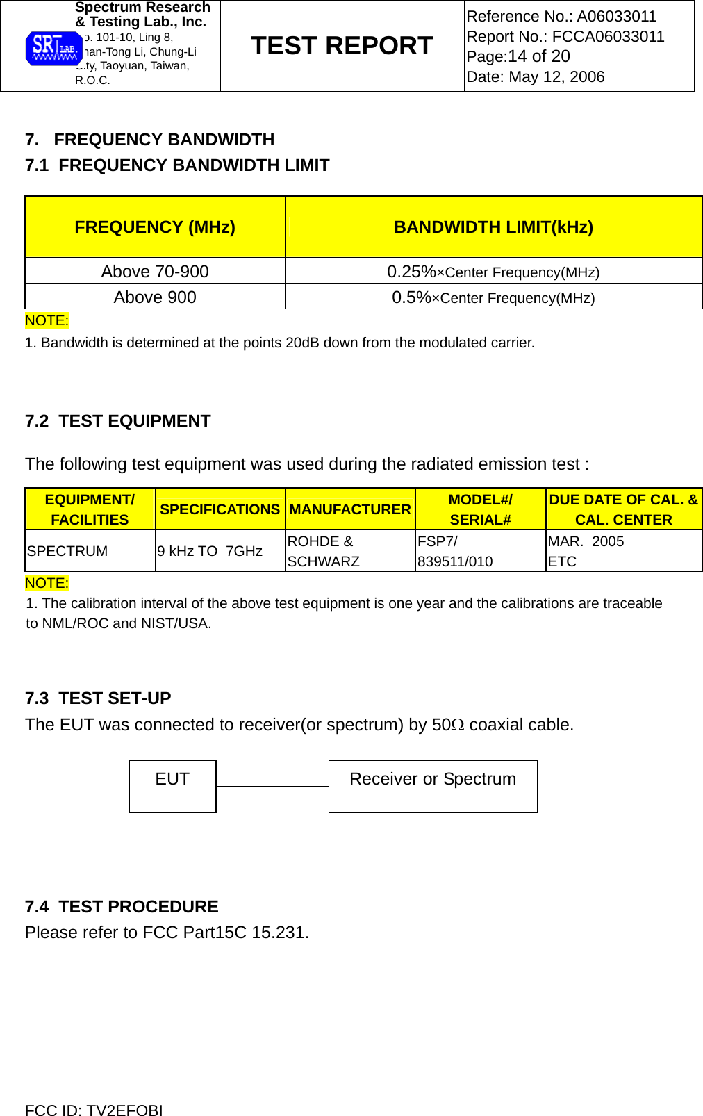 Spectrum Research  &amp; Testing Lab., Inc. No. 101-10, Ling 8,  Shan-Tong Li, Chung-Li  City, Taoyuan, Taiwan, R.O.C. TEST REPORT Reference No.: A06033011 Report No.: FCCA06033011 Page:14 of 20 Date: May 12, 2006  FCC ID: TV2EFOBI  7.   FREQUENCY BANDWIDTH 7.1  FREQUENCY BANDWIDTH LIMIT  FREQUENCY (MHz)  BANDWIDTH LIMIT(kHz) Above 70-900  0.25%×Center Frequency(MHz) Above 900  0.5%×Center Frequency(MHz) NOTE: 1. Bandwidth is determined at the points 20dB down from the modulated carrier.   7.2  TEST EQUIPMENT  The following test equipment was used during the radiated emission test : EQUIPMENT/ FACILITIES  SPECIFICATIONS MANUFACTURER MODEL#/ SERIAL# DUE DATE OF CAL. &amp; CAL. CENTER SPECTRUM  9 kHz TO  7GHz  ROHDE &amp;  SCHWARZ FSP7/ 839511/010 MAR.  2005 ETC NOTE: 1. The calibration interval of the above test equipment is one year and the calibrations are traceable to NML/ROC and NIST/USA.    7.3  TEST SET-UP The EUT was connected to receiver(or spectrum) by 50Ω coaxial cable.       7.4  TEST PROCEDURE Please refer to FCC Part15C 15.231. EUT  Receiver or Spectrum 