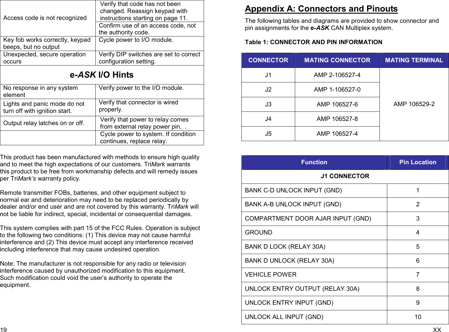 19 Verify that code has not been changed. Reassign keypad with instructions starting on page 11. Access code is not recognized  Confirm use of an access code, not the authority code. Key fob works correctly, keypad beeps, but no output Cycle power to I/O module. Unexpected, secure operation occurs Verify DIP switches are set to correct configuration setting. e-ASK I/O Hints No response in any system element Verify power to the I/O module. Lights and panic mode do not turn off with ignition start. Verify that connector is wired properly. Output relay latches on or off.  Verify that power to relay comes from external relay power pin.  .  Cycle power to system. If condition continues, replace relay. This product has been manufactured with methods to ensure high quality and to meet the high expectations of our customers. TriMark warrants this product to be free from workmanship defects and will remedy issues per TriMark’s warranty policy.  Remote transmitter FOBs, batteries, and other equipment subject to normal ear and deterioration may need to be replaced periodically by dealer and/or end user and are not covered by this warranty. TriMark will not be liable for indirect, special, incidental or consequential damages.  This system complies with part 15 of the FCC Rules. Operation is subject to the following two conditions: (1) This device may not cause harmful interference and (2) This device must accept any interference received including interference that may cause undesired operation.  Note: The manufacturer is not responsible for any radio or television interference caused by unauthorized modification to this equipment. Such modification could void the user’s authority to operate the equipment.  XX Appendix A: Connectors and Pinouts The following tables and diagrams are provided to show connector and pin assignments for the e-ASK CAN Multiplex system.  Table 1: CONNECTOR AND PIN INFORMATION  CONNECTOR  MATING CONNECTOR  MATING TERMINAL J1  AMP 2-106527-4 J2  AMP 1-106527-0 J3  AMP 106527-6 J4  AMP 106527-8 J5  AMP 106527-4 AMP 106529-2   Function  Pin Location J1 CONNECTOR BANK C-D UNLOCK INPUT (GND)  1 BANK A-B UNLOCK INPUT (GND)  2 COMPARTMENT DOOR AJAR INPUT (GND)  3 GROUND  4 BANK D LOCK (RELAY 30A)  5 BANK D UNLOCK (RELAY 30A)  6 VEHICLE POWER  7 UNLOCK ENTRY OUTPUT (RELAY 30A)  8 UNLOCK ENTRY INPUT (GND)  9 UNLOCK ALL INPUT (GND)  10 