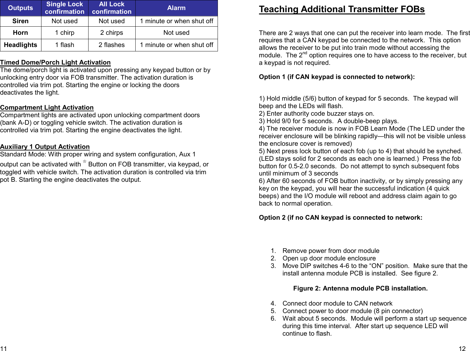11 Outputs Single Lock confirmation All Lock confirmation Alarm Siren Not used Not used 1 minute or when shut off Horn 1 chirp 2 chirps Not used Headlights 1 flash 2 flashes 1 minute or when shut off  Timed Dome/Porch Light Activation The dome/porch light is activated upon pressing any keypad button or by unlocking entry door via FOB transmitter. The activation duration is controlled via trim pot. Starting the engine or locking the doors deactivates the light.  Compartment Light Activation Compartment lights are activated upon unlocking compartment doors (bank A-D) or toggling vehicle switch. The activation duration is controlled via trim pot. Starting the engine deactivates the light.  Auxiliary 1 Output Activation Standard Mode: With proper wiring and system configuration, Aux 1 output can be activated with   Button on FOB transmitter, via keypad, or toggled with vehicle switch. The activation duration is controlled via trim pot B. Starting the engine deactivates the output.   12 Teaching Additional Transmitter FOBs  There are 2 ways that one can put the receiver into learn mode.  The first requires that a CAN keypad be connected to the network.  This option allows the receiver to be put into train mode without accessing the module.  The 2nd option requires one to have access to the receiver, but a keypad is not required. Option 1 (if CAN keypad is connected to network):  1) Hold middle (5/6) button of keypad for 5 seconds.  The keypad will beep and the LEDs will flash.    2) Enter authority code buzzer stays on.  3) Hold 9/0 for 5 seconds.  A double-beep plays.  4) The receiver module is now in FOB Learn Mode (The LED under the receiver enclosure will be blinking rapidly—this will not be visible unless the enclosure cover is removed)  5) Next press lock button of each fob (up to 4) that should be synched.  (LED stays solid for 2 seconds as each one is learned.)  Press the fob button for 0.5-2.0 seconds.  Do not attempt to synch subsequent fobs until minimum of 3 seconds  6) After 60 seconds of FOB button inactivity, or by simply pressing any key on the keypad, you will hear the successful indication (4 quick beeps) and the I/O module will reboot and address claim again to go back to normal operation. Option 2 (if no CAN keypad is connected to network:    1.  Remove power from door module 2.  Open up door module enclosure 3.  Move DIP switches 4-6 to the “ON” position.  Make sure that the install antenna module PCB is installed.  See figure 2.  Figure 2: Antenna module PCB installation.    4.  Connect door module to CAN network                                    5.  Connect power to door module (8 pin connector) 6.  Wait about 5 seconds.  Module will perform a start up sequence during this time interval.  After start up sequence LED will continue to flash.    