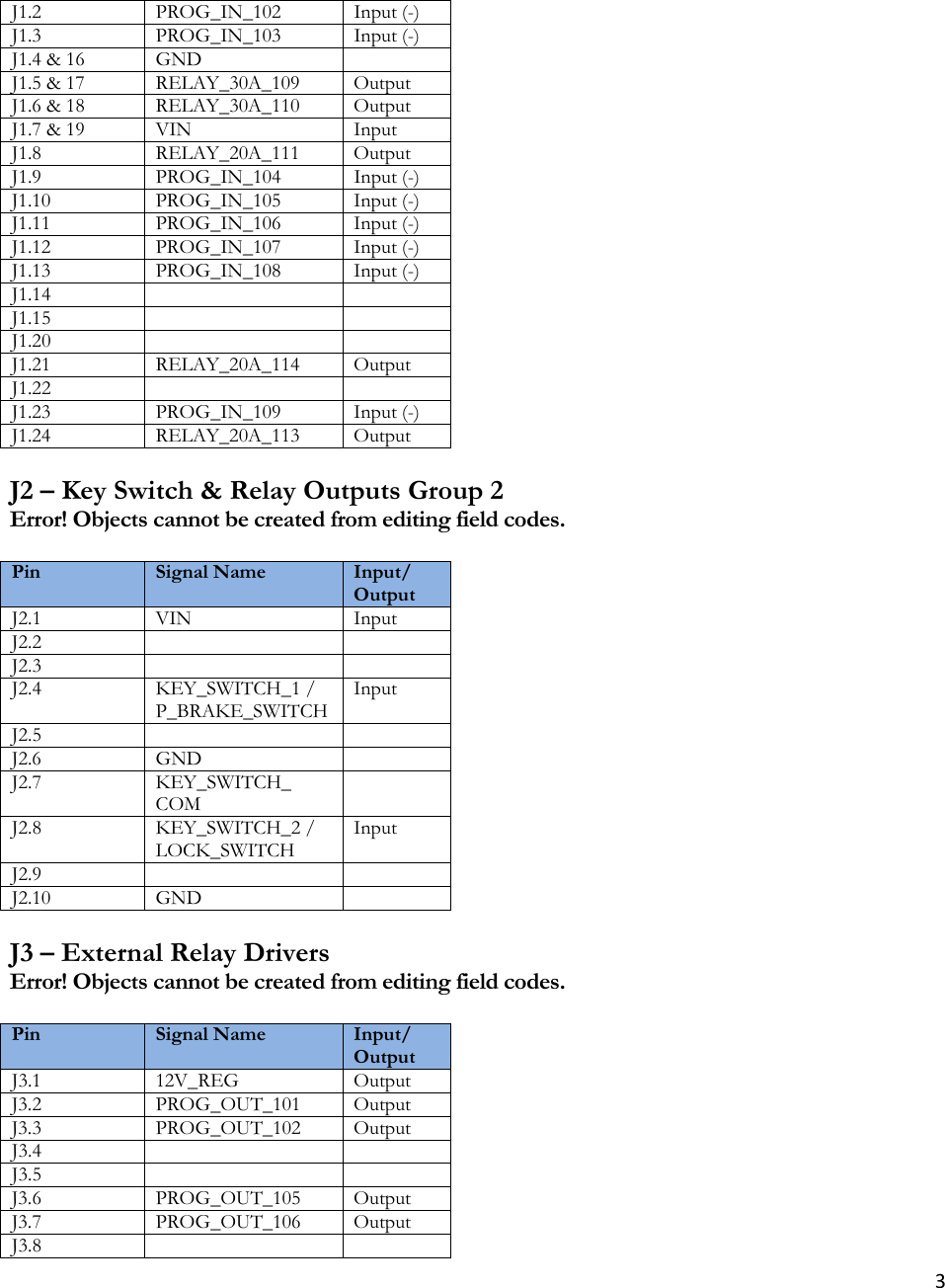 3J1.2 PROG_IN_102 Input(-)J1.3 PROG_IN_103 Input (-)J1.4 &amp; 16  GND   J1.5 &amp; 17  RELAY_30A_109  OutputJ1.6 &amp; 18  RELAY_30A_110  OutputJ1.7 &amp; 19 VIN InputJ1.8 RELAY_20A_111 Output J1.9 PROG_IN_104 Input (-)J1.10 PROG_IN_105 Input (-)J1.11 PROG_IN_106 Input (-)J1.12 PROG_IN_107 Input (-)J1.13 PROG_IN_108 Input (-)J1.14    J1.15    J1.20    J1.21 RELAY_20A_114 OutputJ1.22    J1.23 PROG_IN_109 Input (-)J1.24 RELAY_20A_113 Output J2 – Key Switch &amp; Relay Outputs Group 2 Error! Objects cannot be created from editing field codes.  Pin  Signal Name  Input/ Output J2.1 VIN InputJ2.2    J2.3    J2.4 KEY_SWITCH_1 / P_BRAKE_SWITCH InputJ2.5    J2.6 GND   J2.7 KEY_SWITCH_ COM  J2.8 KEY_SWITCH_2 / LOCK_SWITCH InputJ2.9    J2.10 GND    J3 – External Relay Drivers Error! Objects cannot be created from editing field codes.  Pin  Signal Name  Input/Output J3.1 12V_REG OutputJ3.2 PROG_OUT_101 OutputJ3.3 PROG_OUT_102 OutputJ3.4    J3.5    J3.6 PROG_OUT_105 OutputJ3.7 PROG_OUT_106 OutputJ3.8    