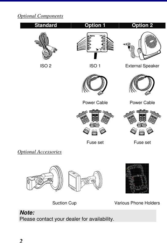 1. Introduction 2 Optional Components Standard Option 1 Option 2     ISO 2 ISO 1 External Speaker      Power Cable Power Cable     Fuse set Fuse set Optional Accessories      Suction Cup Various Phone Holders Note: Please contact your dealer for availability. 