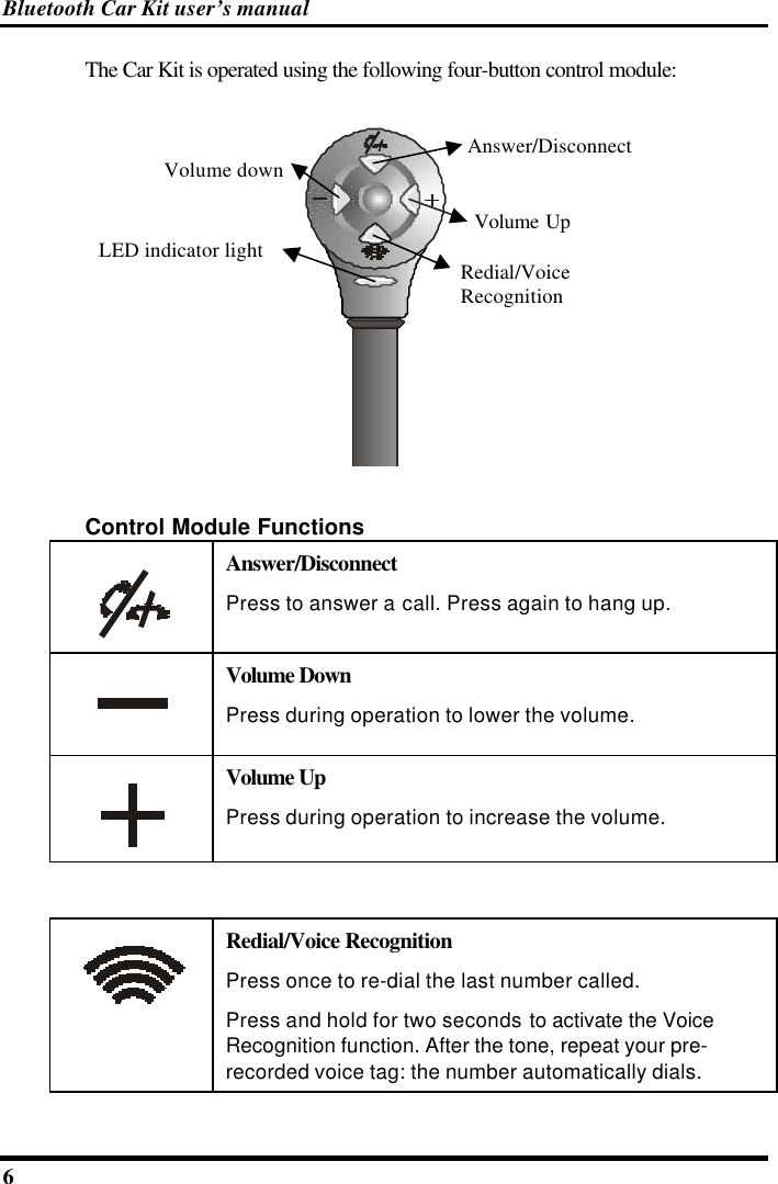 Bluetooth Car Kit user’s manual 6   The Car Kit is operated using the following four-button control module: Volume UpVolume downAnswer/DisconnectLED indicator light Redial/VoiceRecognition Control Module Functions  Answer/Disconnect Press to answer a call. Press again to hang up.  Volume Down Press during operation to lower the volume.  Volume Up Press during operation to increase the volume.   Redial/Voice Recognition Press once to re-dial the last number called.  Press and hold for two seconds to activate the Voice Recognition function. After the tone, repeat your pre-recorded voice tag: the number automatically dials. 