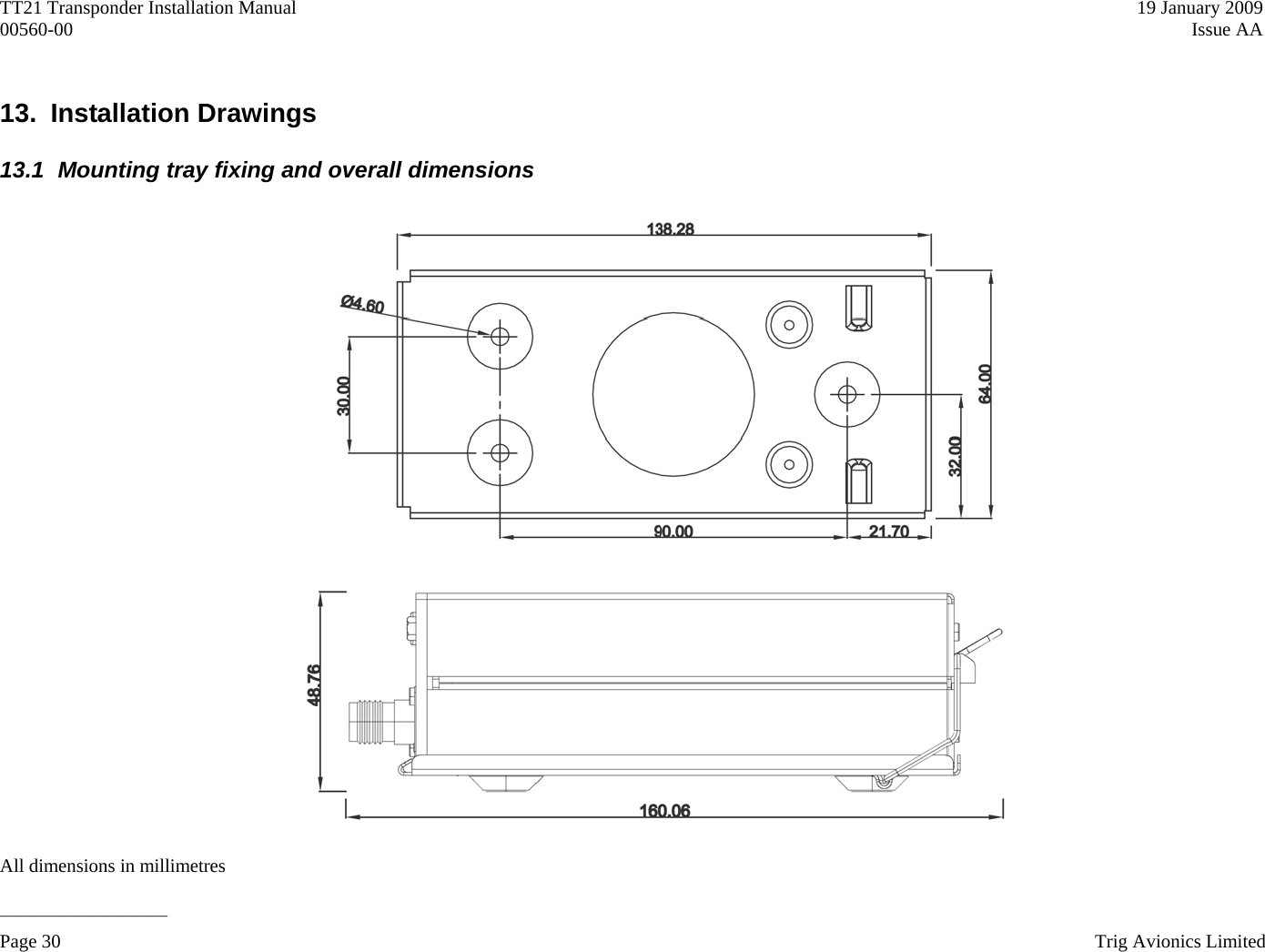 TT21 Transponder Installation Manual    19 January 2009 00560-00   Issue AA  13. Installation Drawings 13.1  Mounting tray fixing and overall dimensions   All dimensions in millimetres ______________________ Page 30    Trig Avionics Limited  