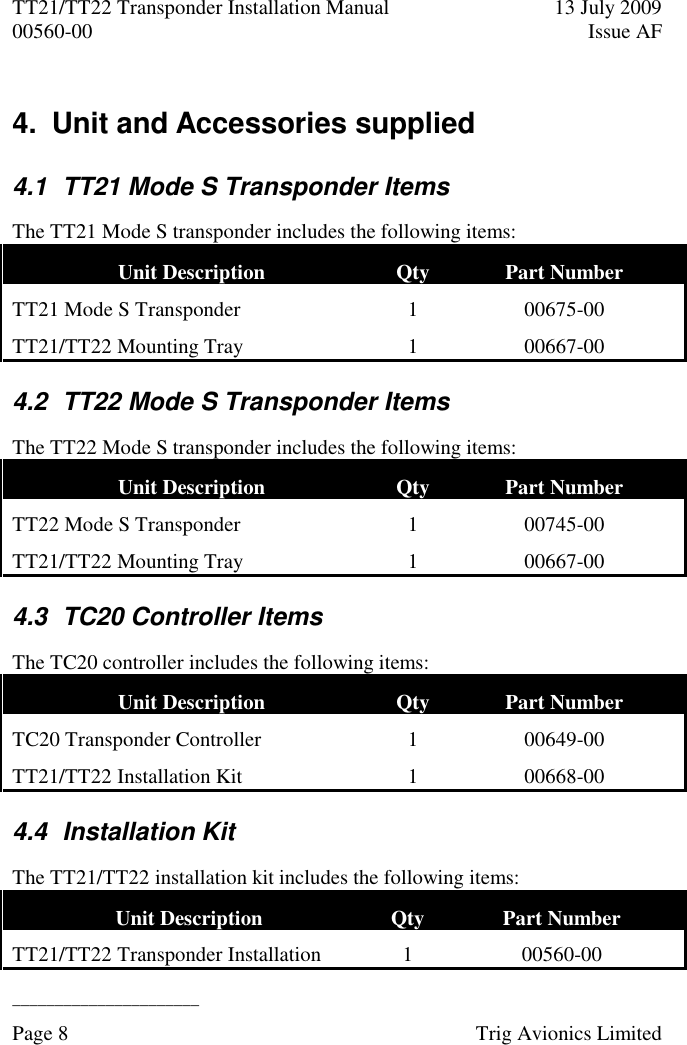 TT21/TT22 Transponder Installation Manual  13 July 2009 00560-00  Issue AF  ______________________ Page 8    Trig Avionics Limited  4.  Unit and Accessories supplied 4.1  TT21 Mode S Transponder Items The TT21 Mode S transponder includes the following items: Unit Description  Qty Part Number TT21 Mode S Transponder  1 00675-00 TT21/TT22 Mounting Tray 1 00667-00 4.2  TT22 Mode S Transponder Items The TT22 Mode S transponder includes the following items: Unit Description  Qty Part Number TT22 Mode S Transponder  1 00745-00 TT21/TT22 Mounting Tray 1 00667-00 4.3  TC20 Controller Items The TC20 controller includes the following items: Unit Description  Qty Part Number TC20 Transponder Controller 1 00649-00 TT21/TT22 Installation Kit 1 00668-00 4.4  Installation Kit The TT21/TT22 installation kit includes the following items: Unit Description  Qty Part Number TT21/TT22 Transponder Installation 1 00560-00 