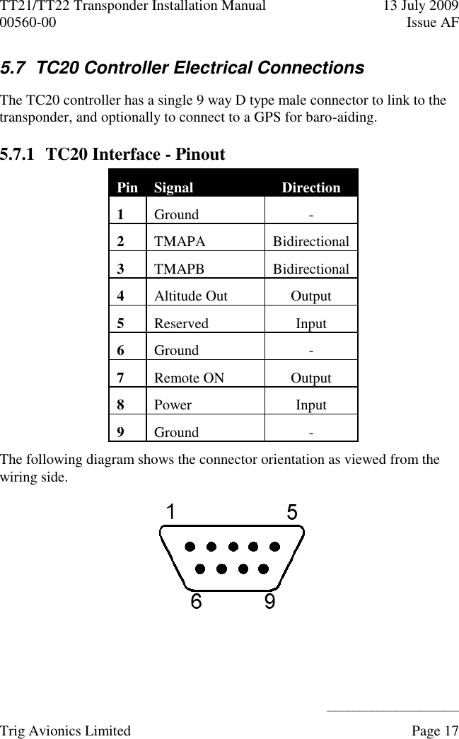 TT21/TT22 Transponder Installation Manual  13 July 2009 00560-00  Issue AF      ______________________ Trig Avionics Limited    Page 17   5.7  TC20 Controller Electrical Connections The TC20 controller has a single 9 way D type male connector to link to the transponder, and optionally to connect to a GPS for baro-aiding. 5.7.1 TC20 Interface - Pinout Pin Signal Direction 1 Ground - 2 TMAPA Bidirectional 3 TMAPB Bidirectional 4 Altitude Out Output 5 Reserved Input 6 Ground - 7 Remote ON Output 8 Power Input 9 Ground - The following diagram shows the connector orientation as viewed from the wiring side.  