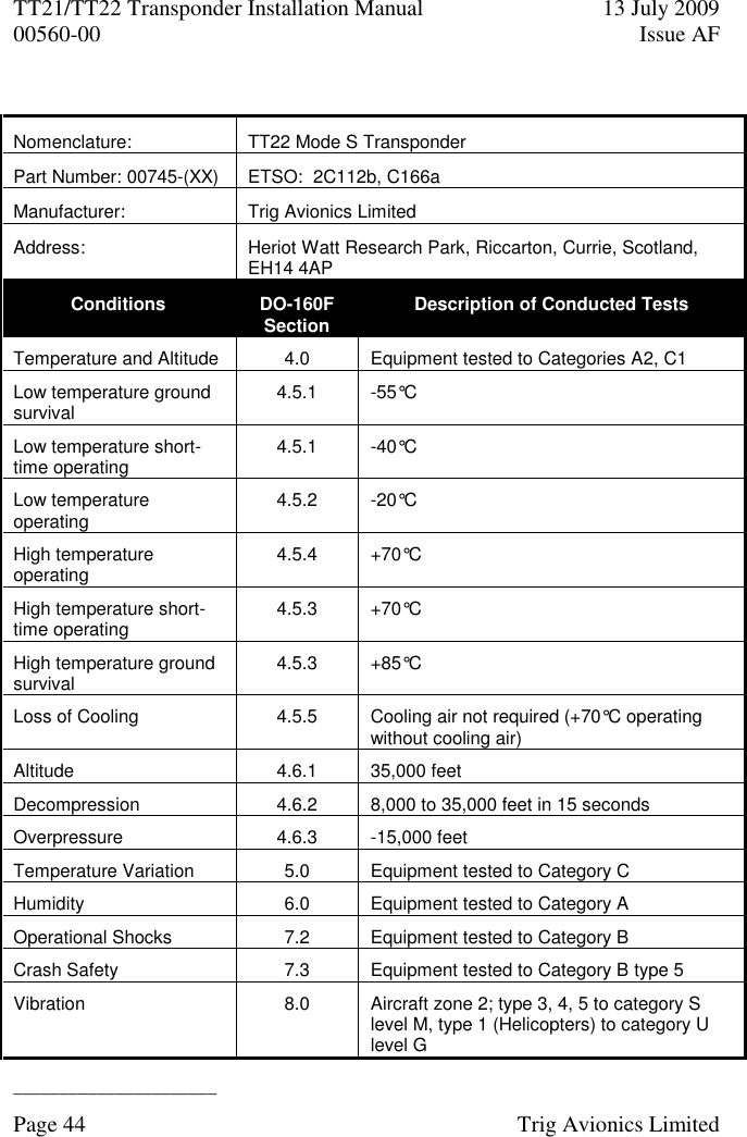 TT21/TT22 Transponder Installation Manual  13 July 2009 00560-00  Issue AF  ______________________ Page 44    Trig Avionics Limited   Nomenclature: TT22 Mode S Transponder Part Number: 00745-(XX) ETSO:  2C112b, C166a Manufacturer: Trig Avionics Limited Address: Heriot Watt Research Park, Riccarton, Currie, Scotland, EH14 4AP Conditions DO-160F Section Description of Conducted Tests Temperature and Altitude 4.0 Equipment tested to Categories A2, C1 Low temperature ground survival 4.5.1 -55°C Low temperature short-time operating 4.5.1 -40°C Low temperature operating 4.5.2 -20°C High temperature operating 4.5.4 +70°C High temperature short-time operating 4.5.3 +70°C High temperature ground survival 4.5.3 +85°C Loss of Cooling 4.5.5 Cooling air not required (+70°C operating without cooling air) Altitude 4.6.1 35,000 feet Decompression 4.6.2 8,000 to 35,000 feet in 15 seconds Overpressure 4.6.3 -15,000 feet Temperature Variation 5.0 Equipment tested to Category C Humidity 6.0 Equipment tested to Category A Operational Shocks 7.2 Equipment tested to Category B Crash Safety 7.3 Equipment tested to Category B type 5 Vibration 8.0 Aircraft zone 2; type 3, 4, 5 to category S level M, type 1 (Helicopters) to category U level G 