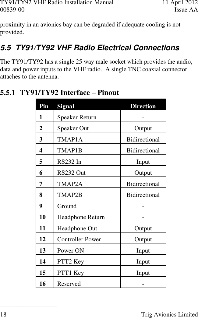 TY91/TY92 VHF Radio Installation Manual  11 April 2012 00839-00  Issue AA   ______________________ 18  Trig Avionics Limited  proximity in an avionics bay can be degraded if adequate cooling is not provided. 5.5  TY91/TY92 VHF Radio Electrical Connections The TY91/TY92 has a single 25 way male socket which provides the audio, data and power inputs to the VHF radio.  A single TNC coaxial connector attaches to the antenna. 5.5.1 TY91/TY92 Interface – Pinout Pin Signal Direction 1 Speaker Return - 2 Speaker Out Output 3 TMAP1A Bidirectional 4 TMAP1B Bidirectional 5 RS232 In Input 6 RS232 Out Output 7 TMAP2A Bidirectional 8 TMAP2B Bidirectional 9 Ground - 10 Headphone Return - 11 Headphone Out Output 12 Controller Power Output 13 Power ON Input 14 PTT2 Key Input 15 PTT1 Key Input 16 Reserved - 