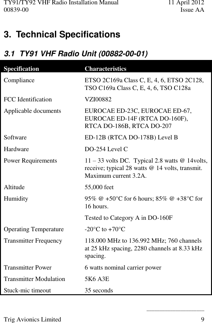 TY91/TY92 VHF Radio Installation Manual  11 April 2012 00839-00  Issue AA    ______________________ Trig Avionics Limited  9  3.  Technical Specifications  3.1  TY91 VHF Radio Unit (00882-00-01) Specification Characteristics Compliance ETSO 2C169a Class C, E, 4, 6, ETSO 2C128, TSO C169a Class C, E, 4, 6, TSO C128a FCC Identification  VZI00882 Applicable documents EUROCAE ED-23C, EUROCAE ED-67, EUROCAE ED-14F (RTCA DO-160F),   RTCA DO-186B, RTCA DO-207 Software ED-12B (RTCA DO-178B) Level B Hardware DO-254 Level C Power Requirements  11 – 33 volts DC.  Typical 2.8 watts @ 14volts, receive; typical 28 watts @ 14 volts, transmit.  Maximum current 3.2A. Altitude  55,000 feet Humidity  95% @ +50°C for 6 hours; 85% @ +38°C for 16 hours. Tested to Category A in DO-160F Operating Temperature  -20°C to +70°C Transmitter Frequency  118.000 MHz to 136.992 MHz; 760 channels at 25 kHz spacing, 2280 channels at 8.33 kHz spacing. Transmitter Power 6 watts nominal carrier power Transmitter Modulation 5K6 A3E Stuck-mic timeout 35 seconds 