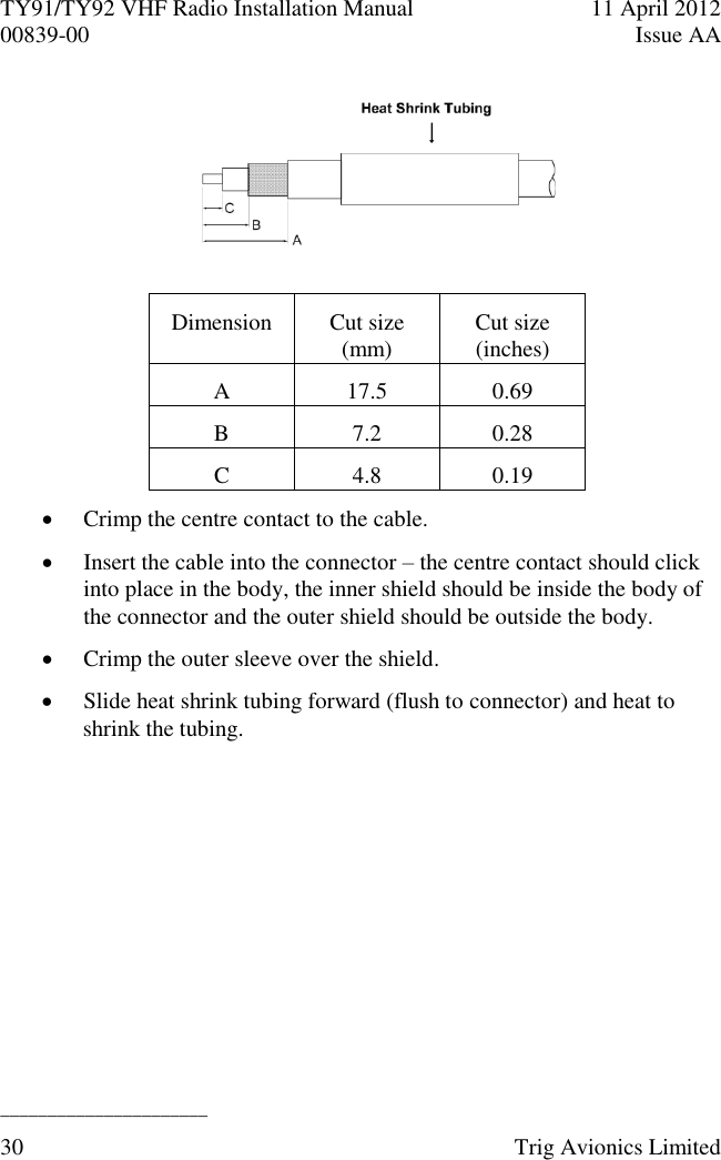 TY91/TY92 VHF Radio Installation Manual  11 April 2012 00839-00  Issue AA   ______________________ 30  Trig Avionics Limited    Dimension Cut size (mm) Cut size (inches) A 17.5 0.69 B 7.2 0.28 C 4.8 0.19  Crimp the centre contact to the cable.  Insert the cable into the connector – the centre contact should click into place in the body, the inner shield should be inside the body of the connector and the outer shield should be outside the body.  Crimp the outer sleeve over the shield.  Slide heat shrink tubing forward (flush to connector) and heat to shrink the tubing. 