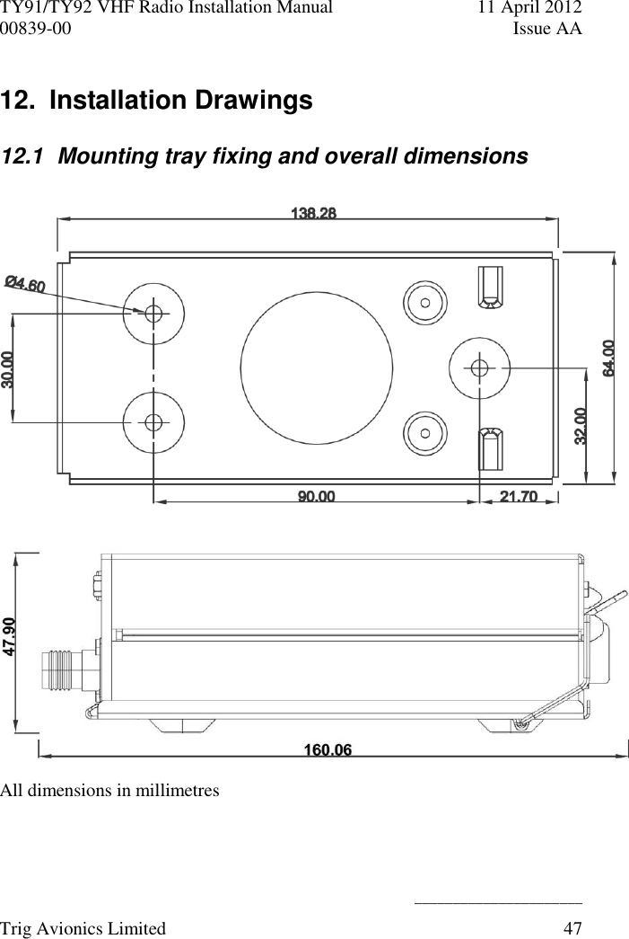 TY91/TY92 VHF Radio Installation Manual  11 April 2012 00839-00  Issue AA    ______________________ Trig Avionics Limited  47  12.  Installation Drawings 12.1  Mounting tray fixing and overall dimensions  All dimensions in millimetres 